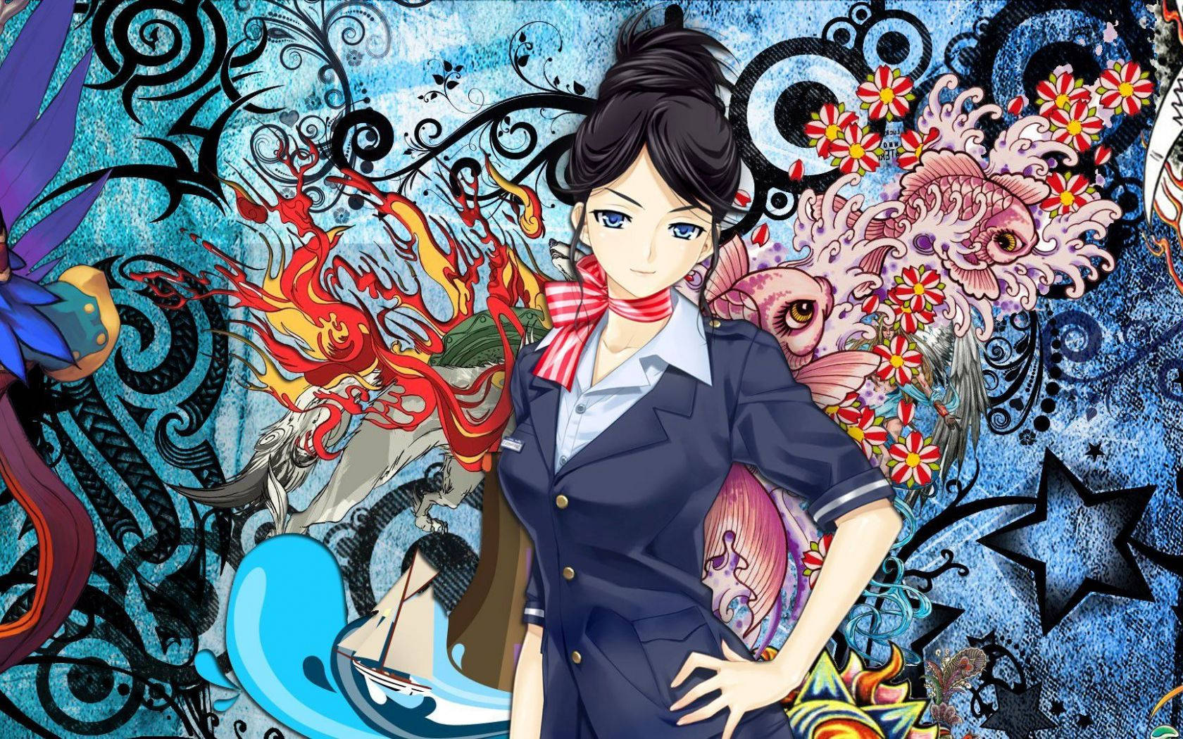 飛機 桌布 壁紙 — 一個自信的動漫女孩穿著海軍制服，站在充滿火龍、花卉圖案和超現實海洋生物的生動混亂背景中。