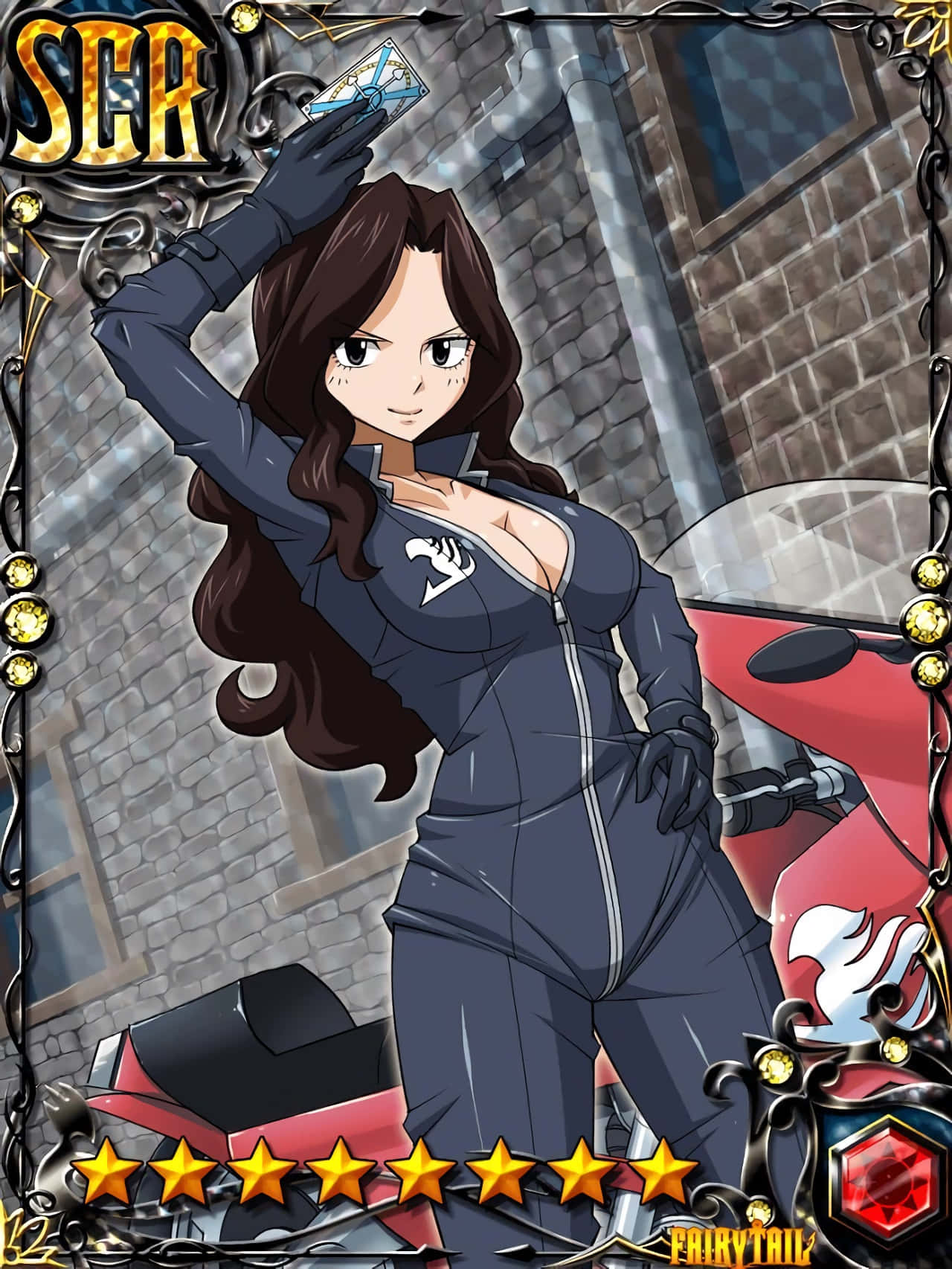 Cana Alberona 桌布 壁紙 — 一個自信的動漫女孩穿著深藍色連身衣，站在紅色機車旁邊，背景是石頭建築。