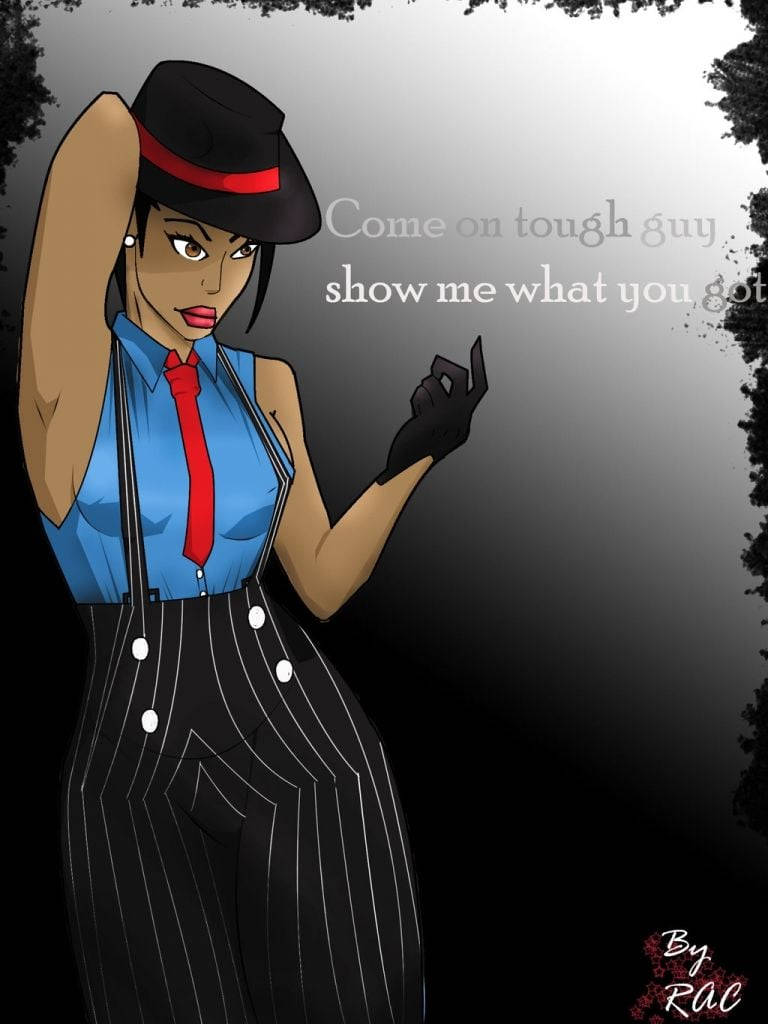 Gangsta Cartoon 桌布 壁紙 — 一個自信的動漫女性，戴著黑色軟呢帽、紅色領帶和細條紋西裝，在深色漸變背景前挑釁地擺姿勢。