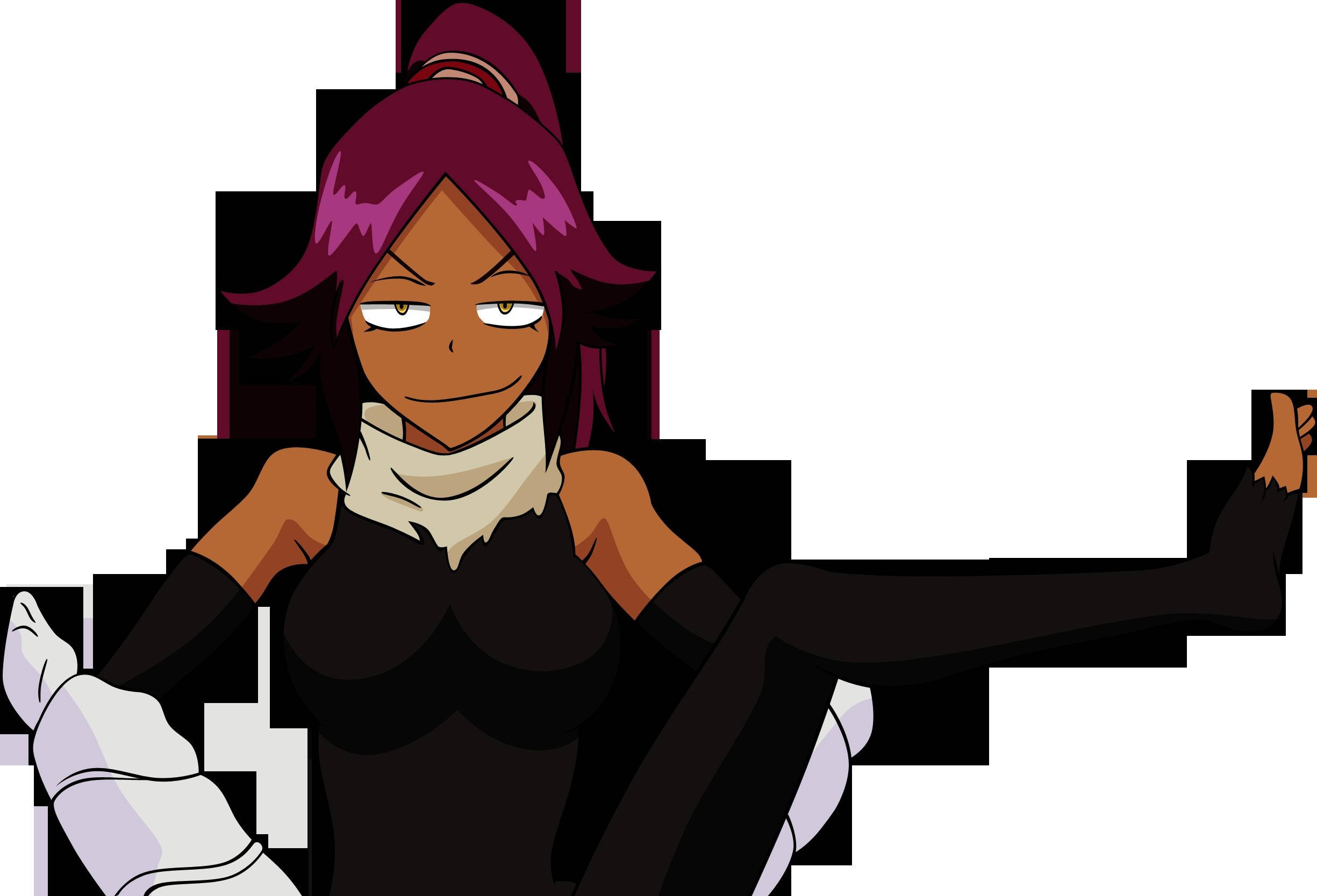 Yoruichi 桌布 壁紙 — 一個自信的動漫女性，紫色頭髮和白色圍巾，在純白背景上擺出動態姿勢。