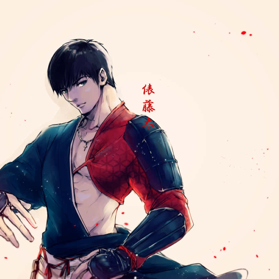 Koutarou Amon 桌布 壁紙 — 一個自信的動漫戰士，黑髮紅甲，在帶有紅色飛濺的奶油色背景前擺姿勢。