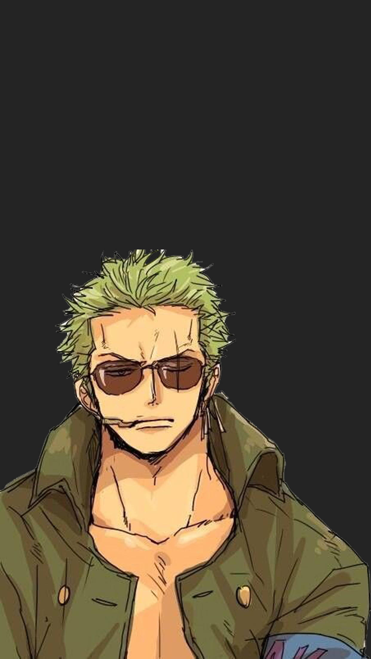 動漫角色，綠色頭髮和太陽眼鏡，穿著橄欖色外套。 — 索隆 GIF 壁紙