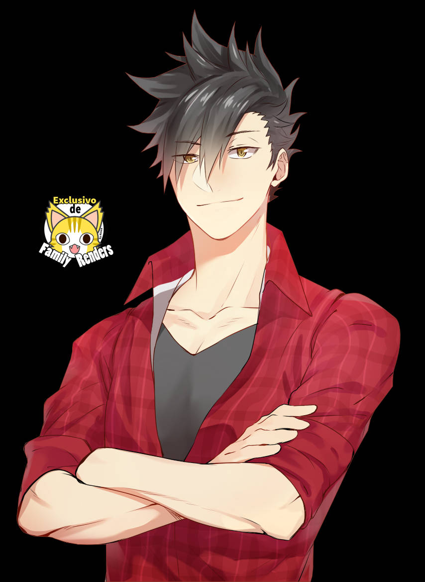 Kuroo 桌布 壁紙 — 一個自信的動漫男人，有著尖刺的灰色頭髮和金色眼睛，站在黑色背景前，穿著紅色格紋襯衫內搭灰色背心，雙臂交叉。