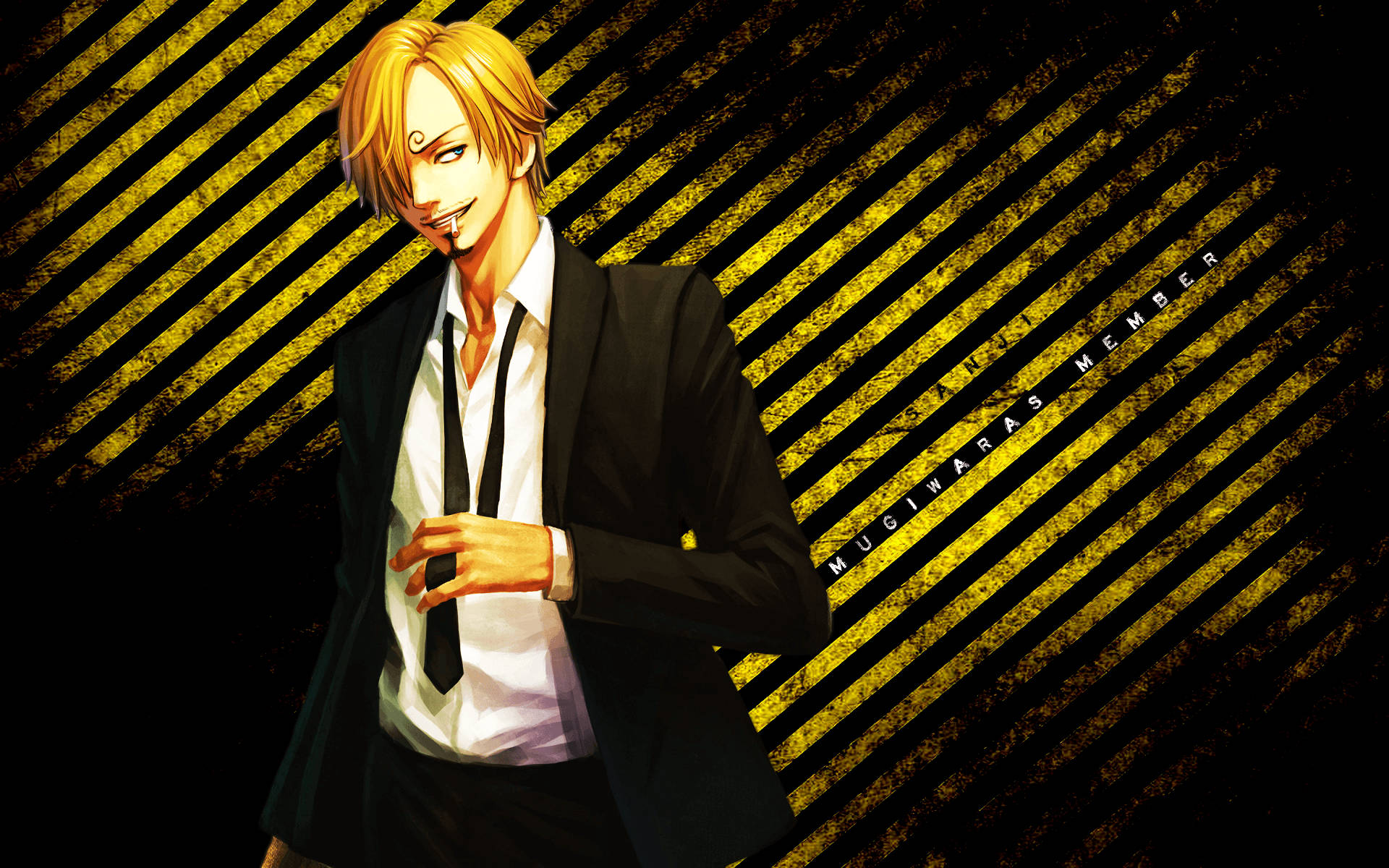 Sanji 桌布 壁紙 — 一個自信的動漫男人，金髮山羊鬍，穿著黑色西裝，站在大膽的黃黑條紋背景前。