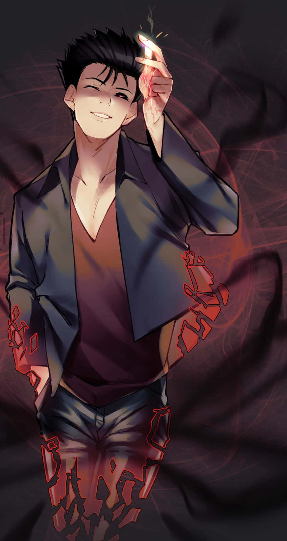 Ryo Shimazaki 桌布 壁紙 — 一個自信的動漫男人，頭髮尖尖，在黑暗旋轉的紅色背景前，拿著一支點燃的香煙，露出冷笑。