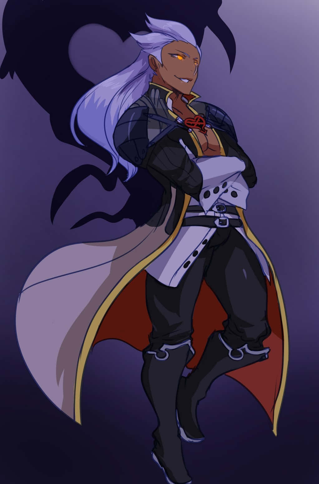 Ansem Seeker Of Darkness 桌布 壁紙 — 一個自信的動漫男子，白髮，發光的橙色眼睛，雙臂交叉，站在深紫色背景前。