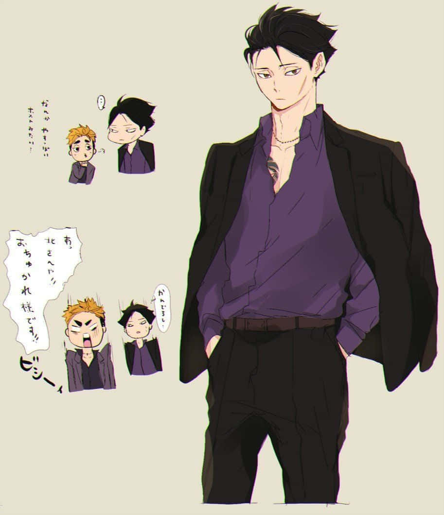 桌布 壁紙 — 一個自信的動漫男子，身穿紫色襯衫和黑色西裝外套，雙手插袋站立，周圍環繞著較小的漫畫格，展示豐富的表情反應。