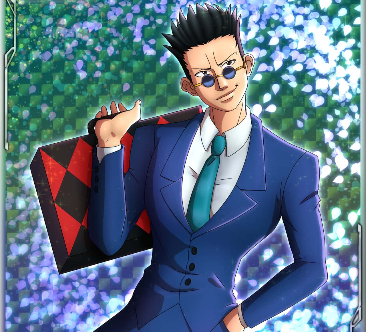 Leorio Paradinight 桌布 壁紙 — 一個自信的動漫男子，身穿藍色西裝、戴著圓框眼鏡，在閃爍的綠色和藍色背景前，提著一個紅黑格紋公事包。
