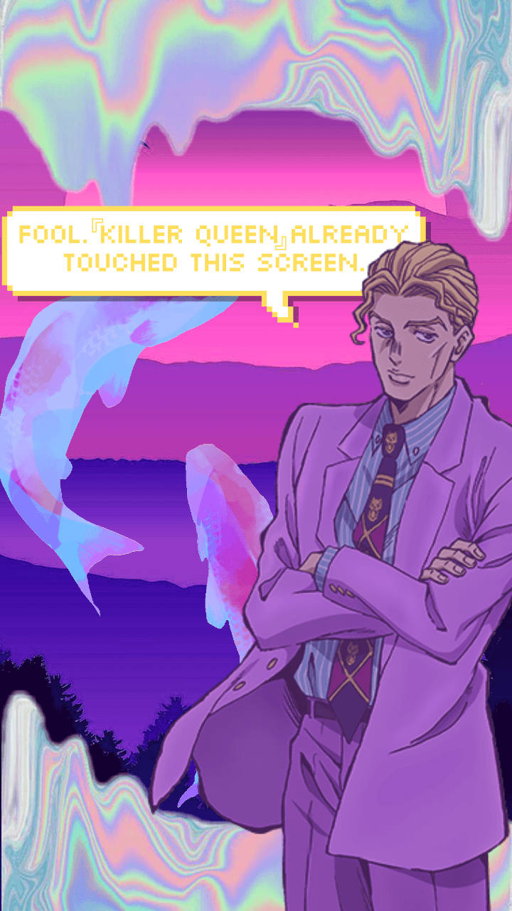 Jojo Phone 桌布 壁紙 — 一個自信的動漫男子穿著紫色西裝，站在迷幻漸變天空前，有發光的魚和對話氣泡。