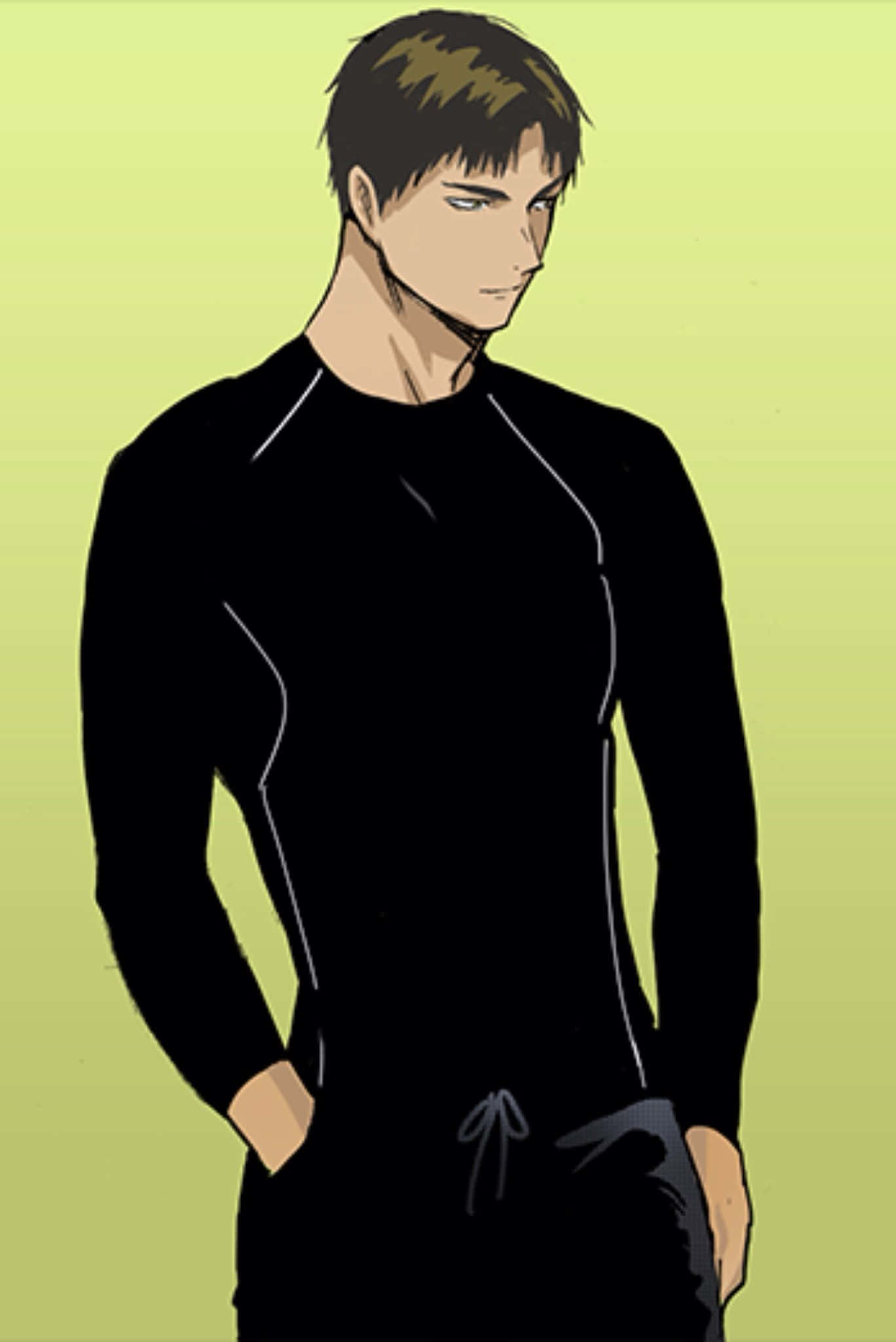 Ushijima Wakatoshi 桌布 壁紙 — 一個自信的動漫男子穿著黑色長袖襯衫，雙手插袋，站在柔和的黃色背景前。
