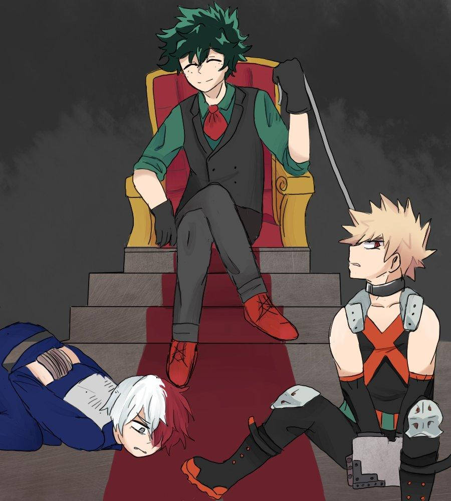 Todobakudeku 桌布 壁紙 — 一個自信的動漫男孩，綠色頭髮，坐在王座上，手裡拿著鞭子，兩個被打敗的盟友跪在他面前。
