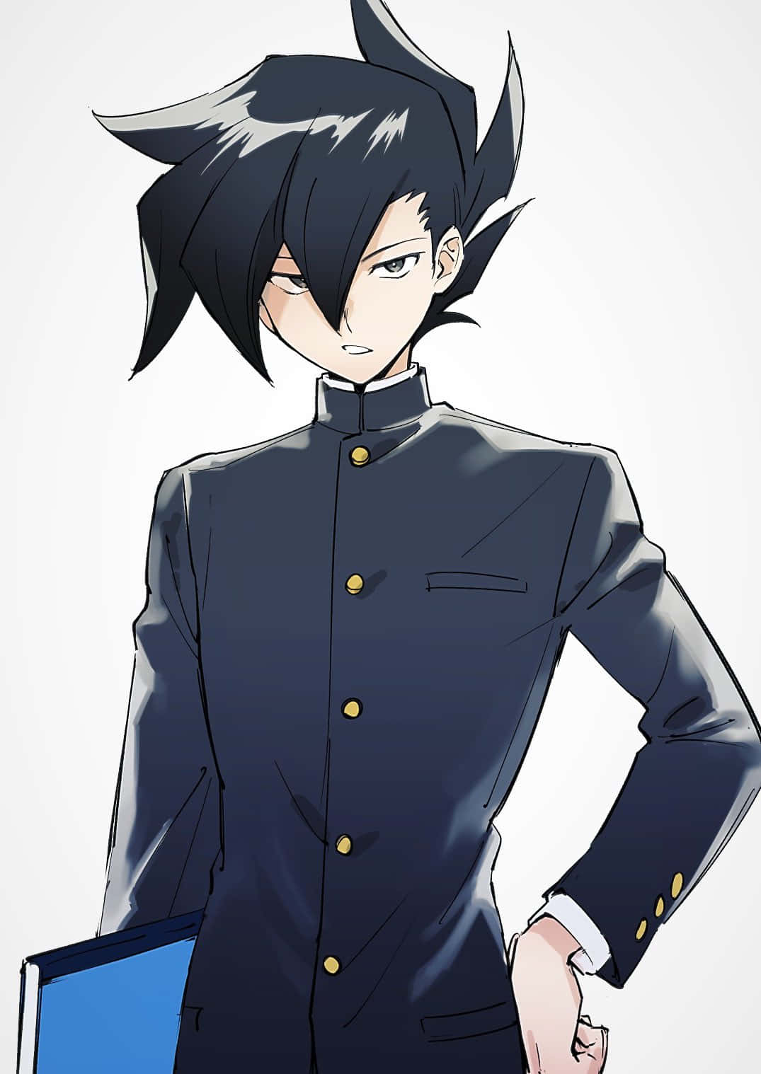 Chazz Princeton 桌布 壁紙 — 一個自信的動漫男孩，黑色刺蝟頭，眼神銳利，身穿深色校服，手持藍色資料夾。