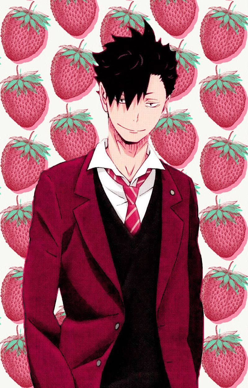 Kuroo 桌布 壁紙 — 一個自信的動漫男孩穿著栗色西裝外套，站在充滿活力的草莓圖案背景前。