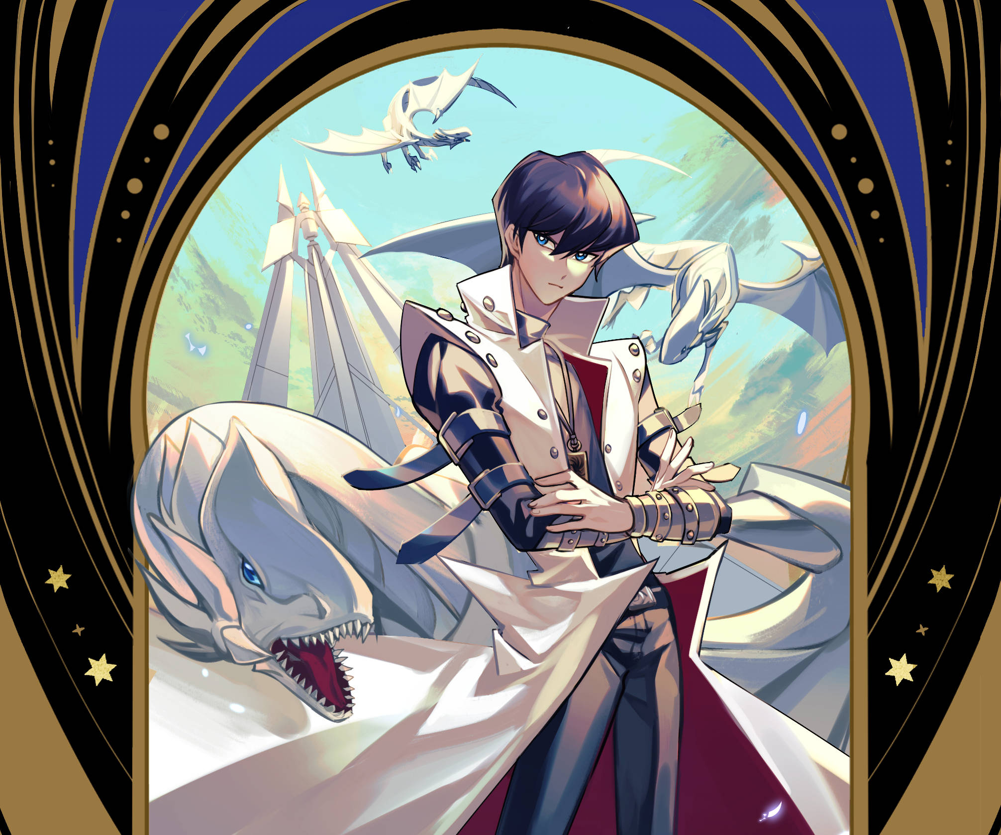 kaiba 桌布 壁紙 — 一個自信的動漫男孩穿著白色外套，站在一隻咆哮的白龍旁邊，上方有一條飛龍，由華麗的金色拱門框著。
