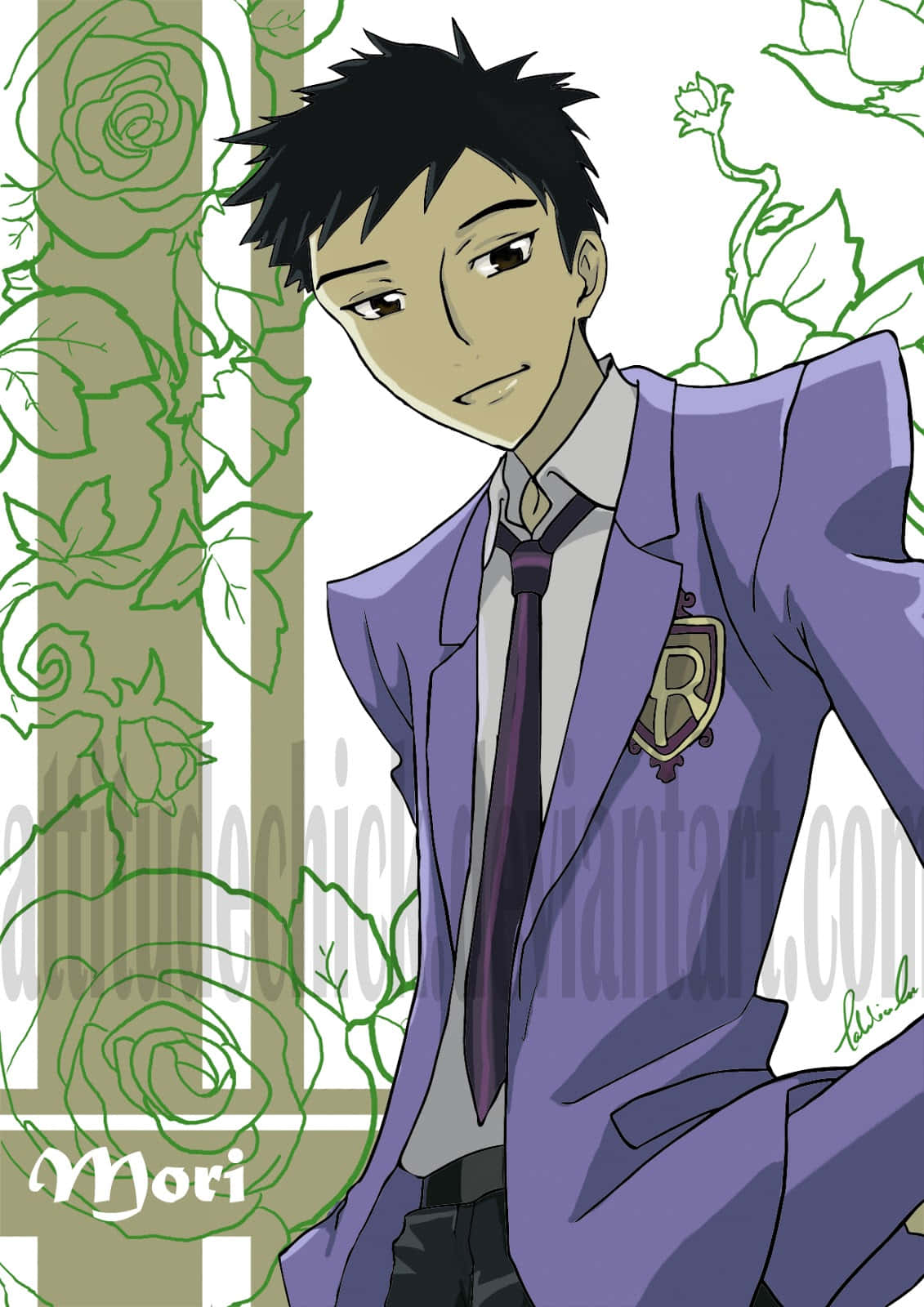 Takashi Morinozuka 桌布 壁紙 — 一個自信的動漫男孩穿著紫色校服，站在綠色玫瑰藤蔓背景前。