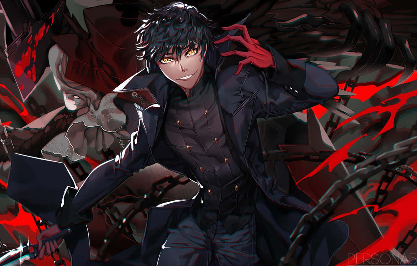 Red And Black Anime 桌布 壁紙 — 一個自信的動漫男性，擁有發光的黃色眼睛和紅色爪手，站在黑暗的鎖鏈和紅色能量爆發之中。