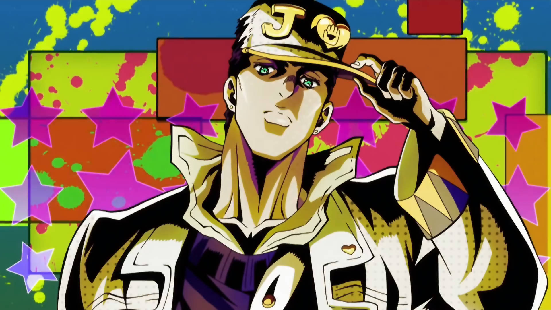 Jojo 桌布 壁紙 — 一個自信的動漫角色，戴著金色帽子和穿著金色外套，在充滿星星和潑濺的鮮豔塗鴉風格背景前擺姿勢。