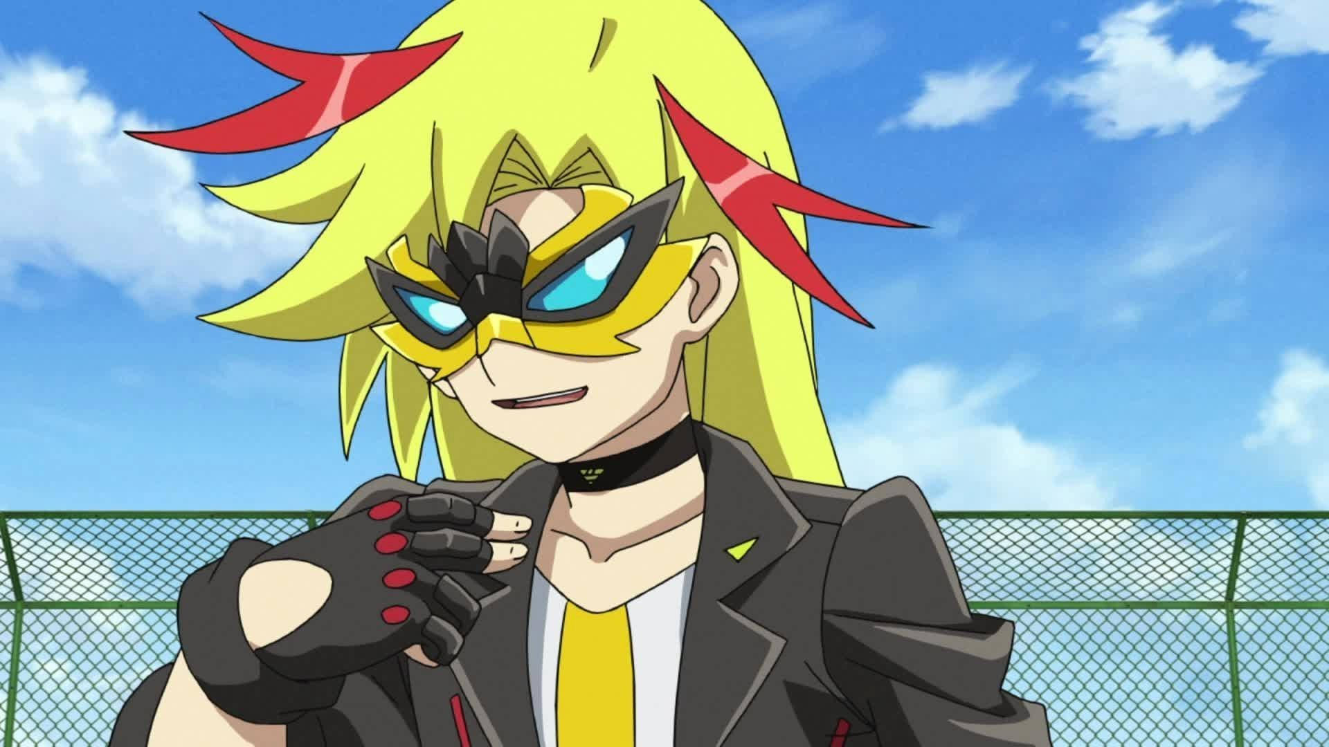Beyblade 桌布 壁紙 — 一個自信的動漫角色，擁有尖刺的黃色頭髮和紅色髮尖，站在戶外，背景是明亮的藍天和白雲。