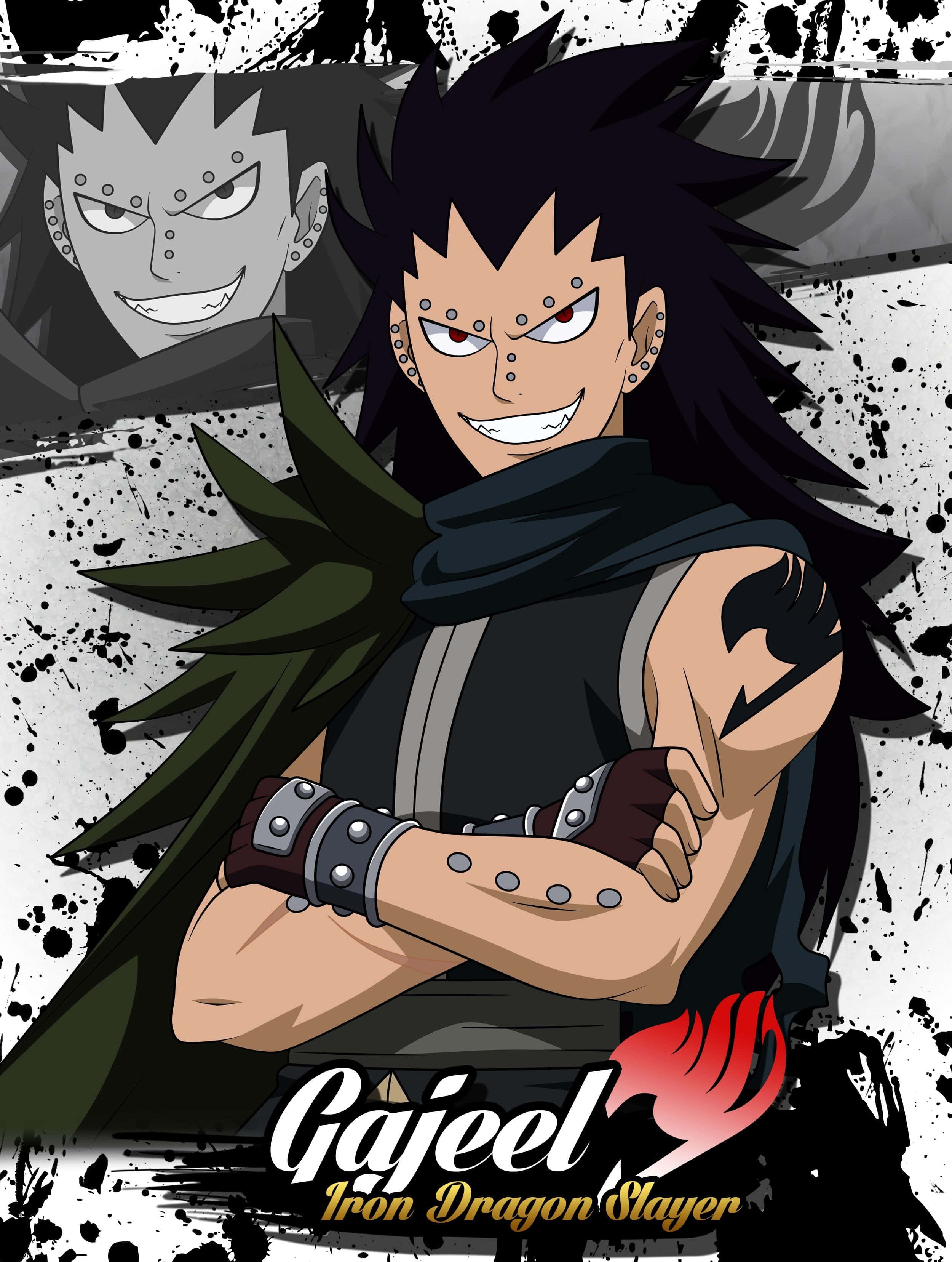 Gajeel Redfox 桌布 壁紙 — 一個自信的動漫角色，擁有尖刺黑髮和紅色眼睛，雙臂交叉站在濺有黑白斑點的背景下。