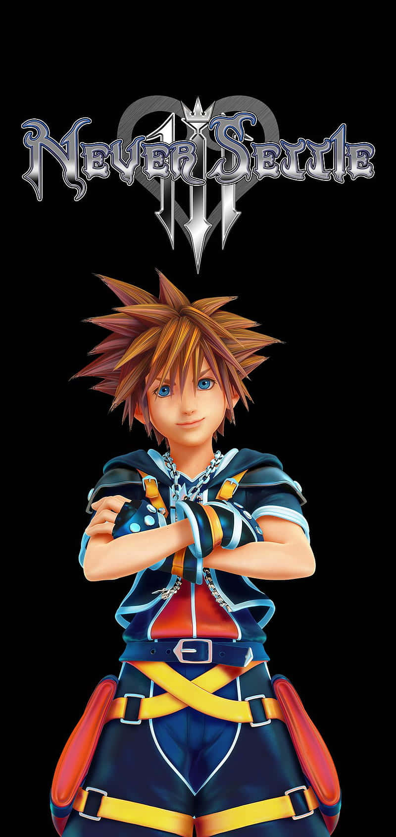 Kingdom Hearts Phone 桌布 壁紙 — 一個自信的動漫角色，擁有棕色刺蝟頭和藍色眼睛，站在黑色背景前，上方有「Never Settle」標誌。