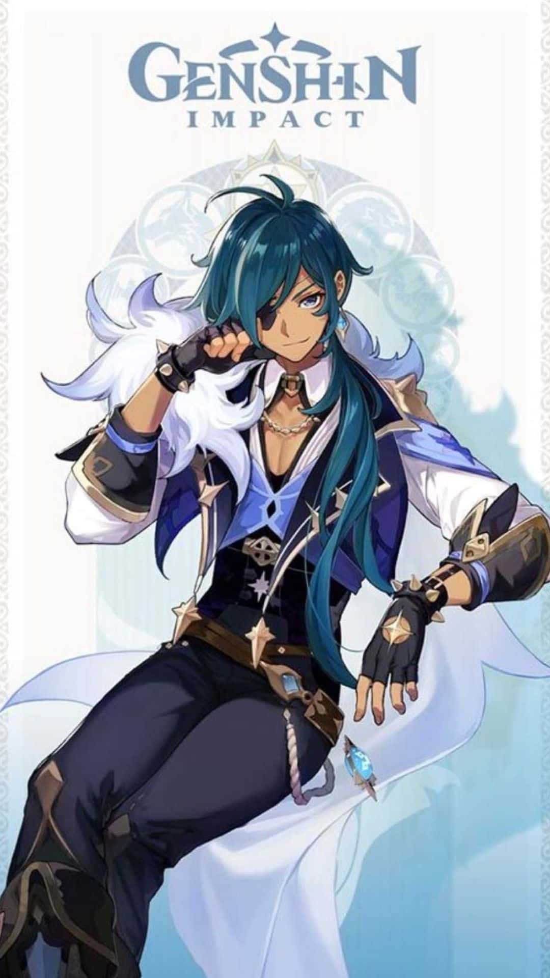 Genshin Impact Characters 桌布 壁紙 — 一個自信的動漫角色，擁有藍綠色頭髮和白色披風，在淺藍色華麗背景前動態擺姿勢。