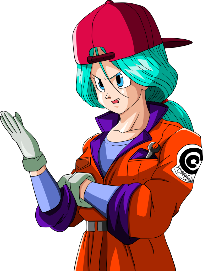Dragon Ball Z Free 桌布 壁紙 — 一個自信的動漫角色，擁有藍綠色頭髮和紅色帽子，穿著橙色機械師外套，在黑色背景前擺姿勢。
