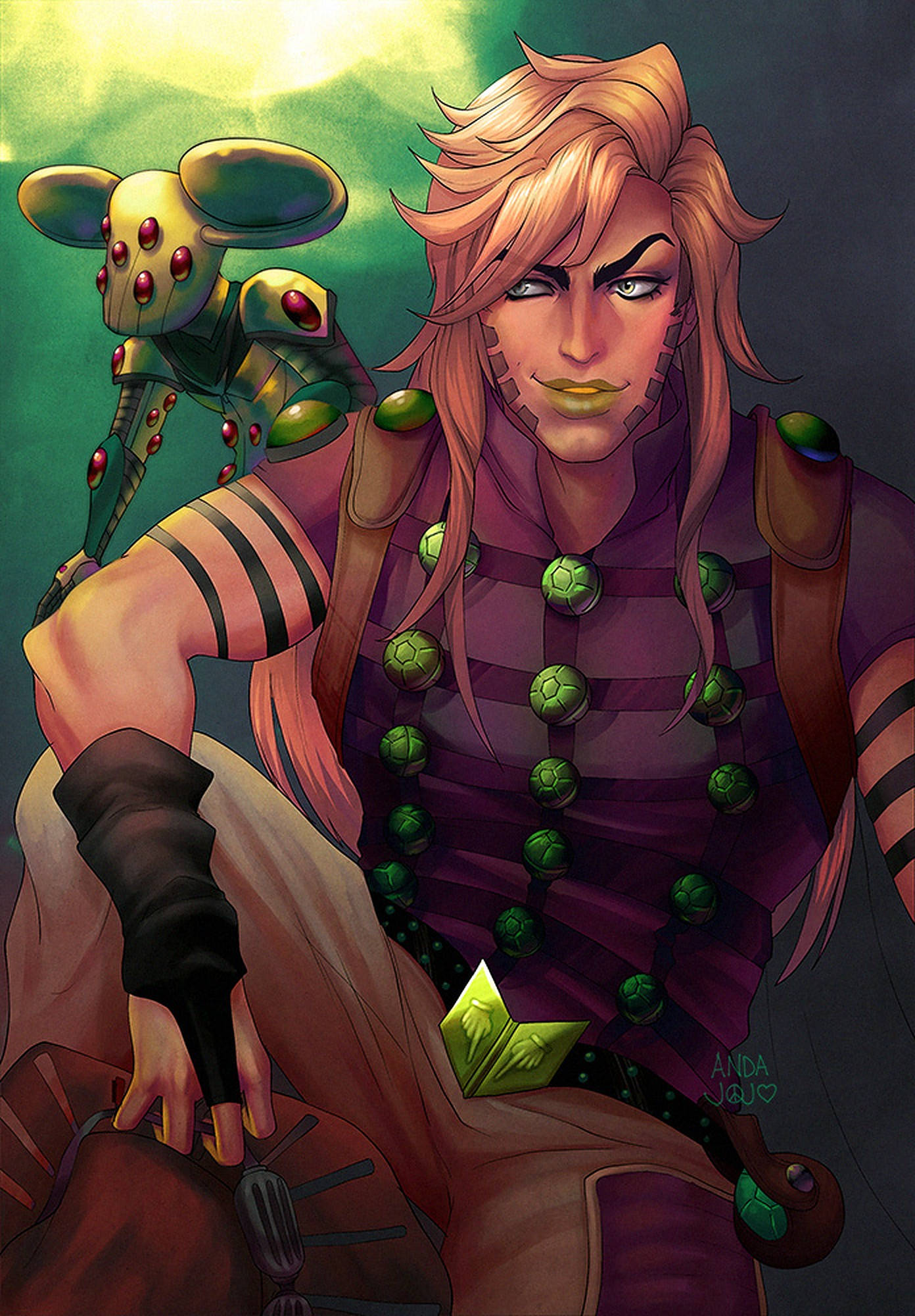 Gyro Zeppeli 桌布 壁紙 — 一個自信的動漫角色，擁有長長的金色頭髮和一個綠色機械夥伴，站在發光的綠色背景前。