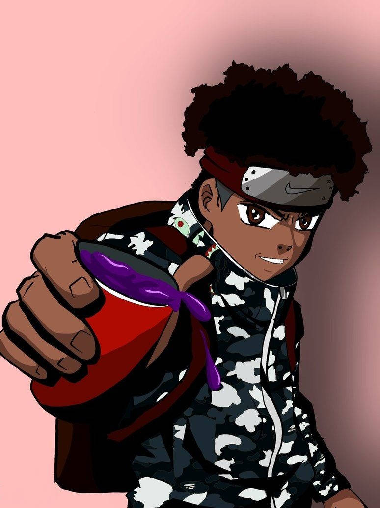 Naruto Gucci 桌布 壁紙 — 一個自信的動漫角色，擁有非洲式頭髮和頭帶，在柔和的粉紅色背景前拿著一個紅色杯子。