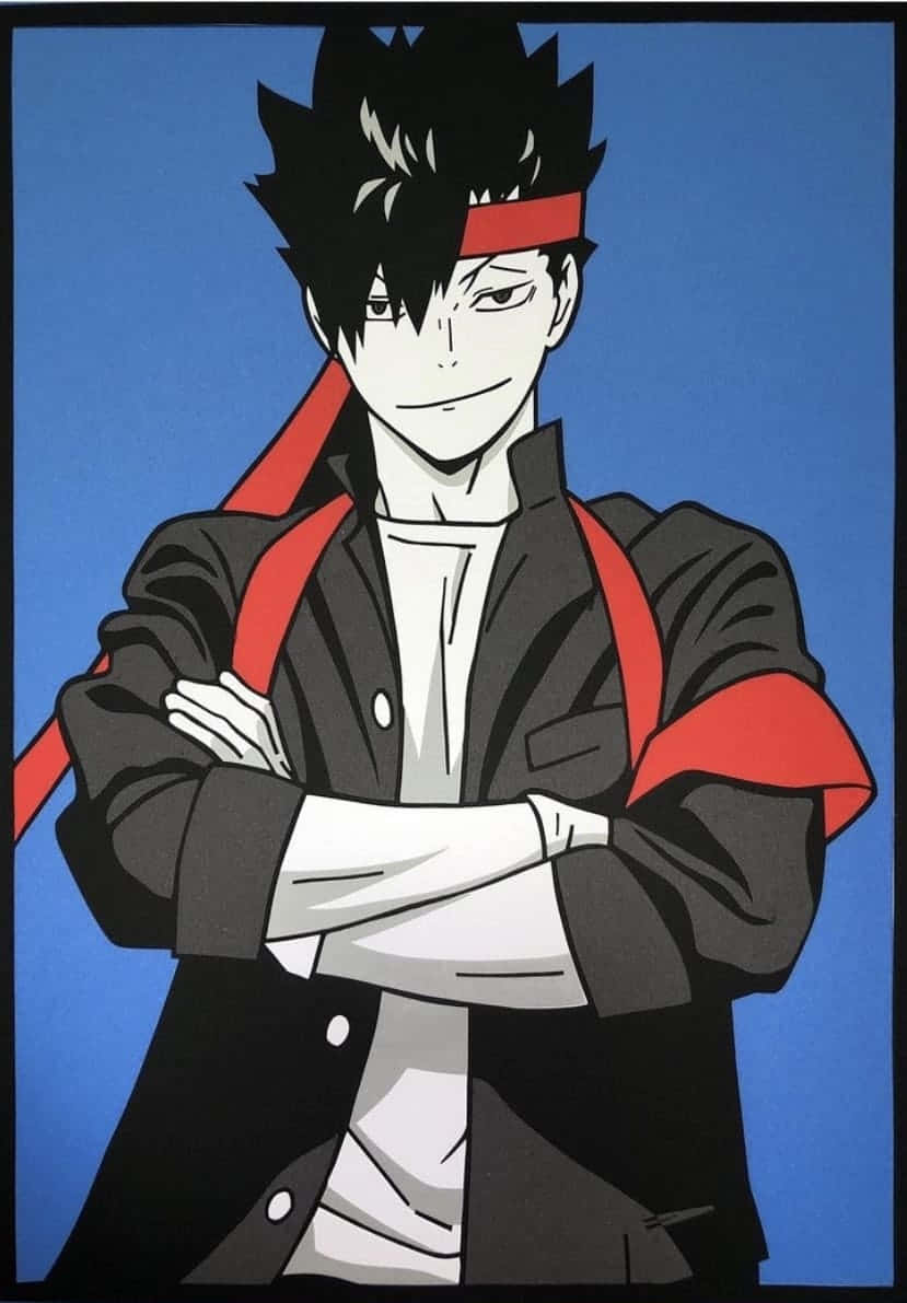 動漫男孩 桌布 壁紙 — 一個自信的動漫角色，有著刺蝟般的黑色頭髮和紅色頭帶，雙臂交叉站在純藍色背景前。