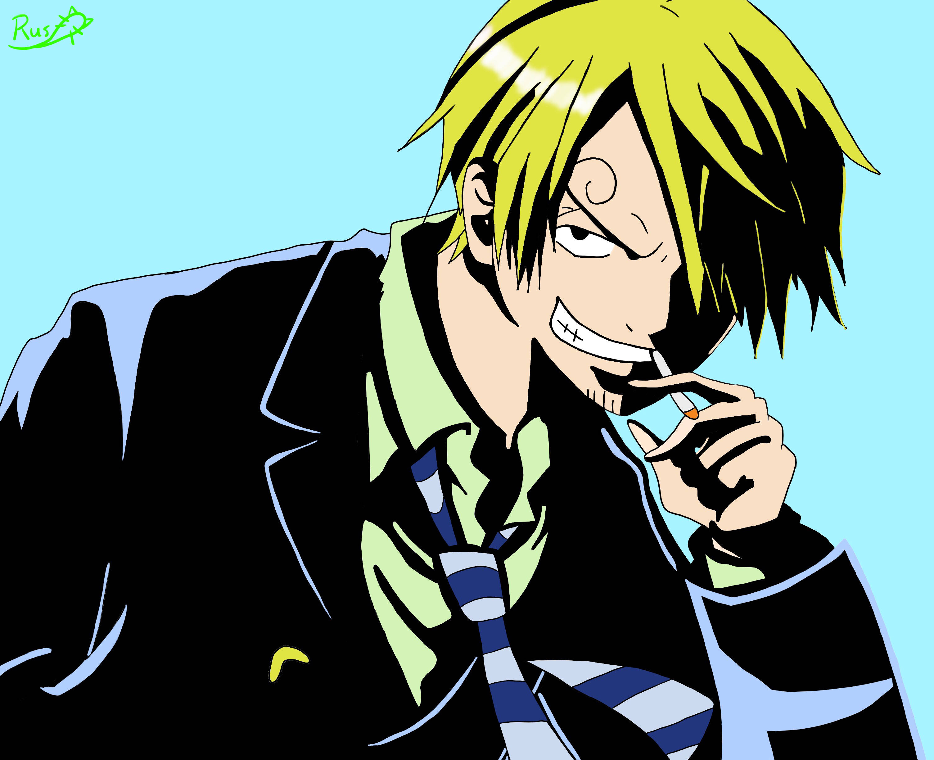 Sanji 桌布 壁紙 — 一個自信的動漫角色，有著尖刺的黃色頭髮，叼著煙，在純藍色背景上冷笑。