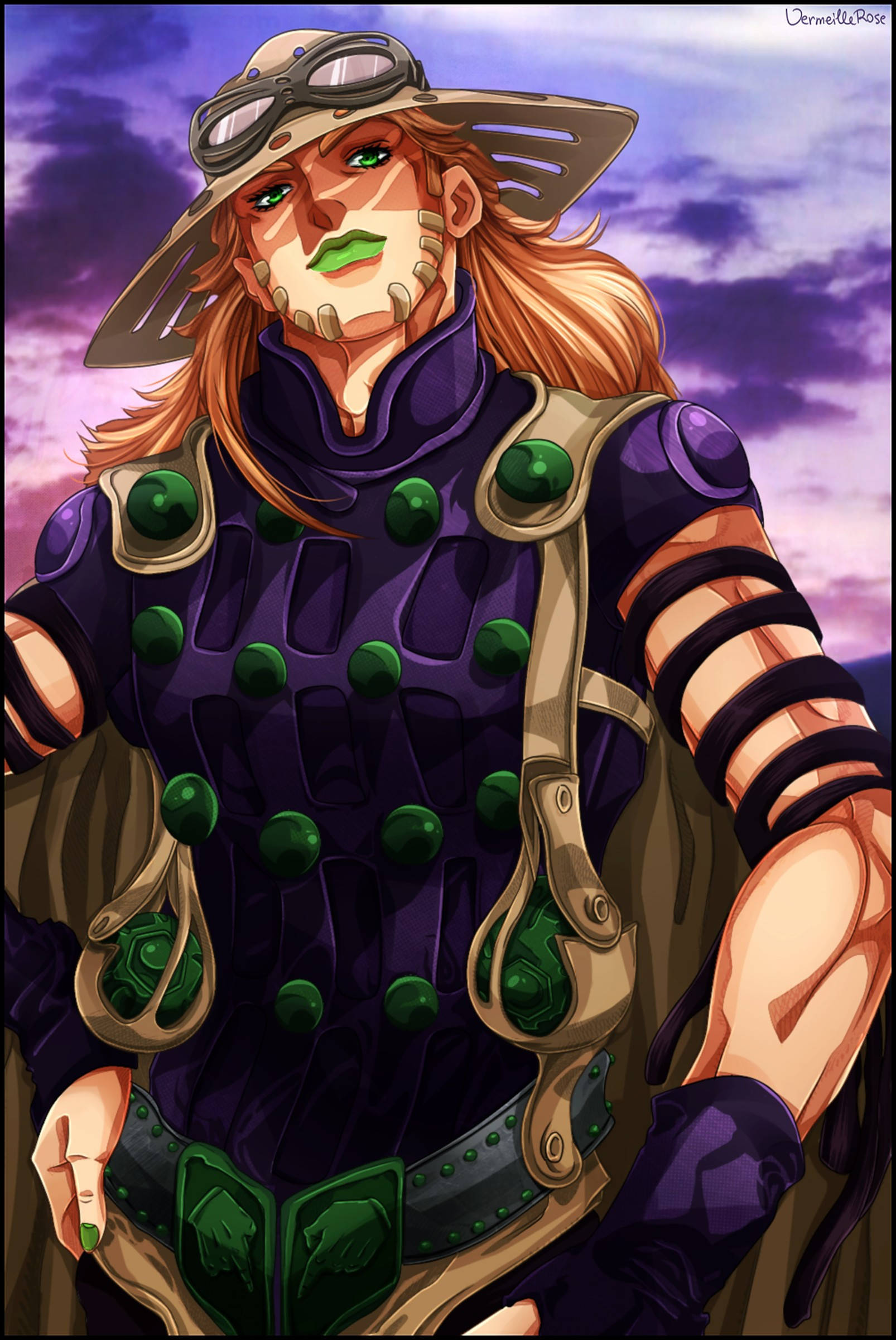 Gyro Zeppeli 桌布 壁紙 — 一個自信的動漫角色，綠色嘴唇，寬邊帽上戴著護目鏡，站在紫色暮色天空下。