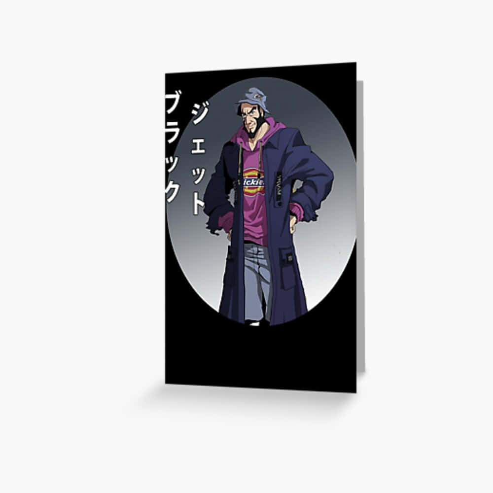 Cowboy Bebop Jet Black 桌布 壁紙 — 一個自信的動漫角色，身穿紫色外套和帽子，站在黑色背景上的圓形聚光燈前。