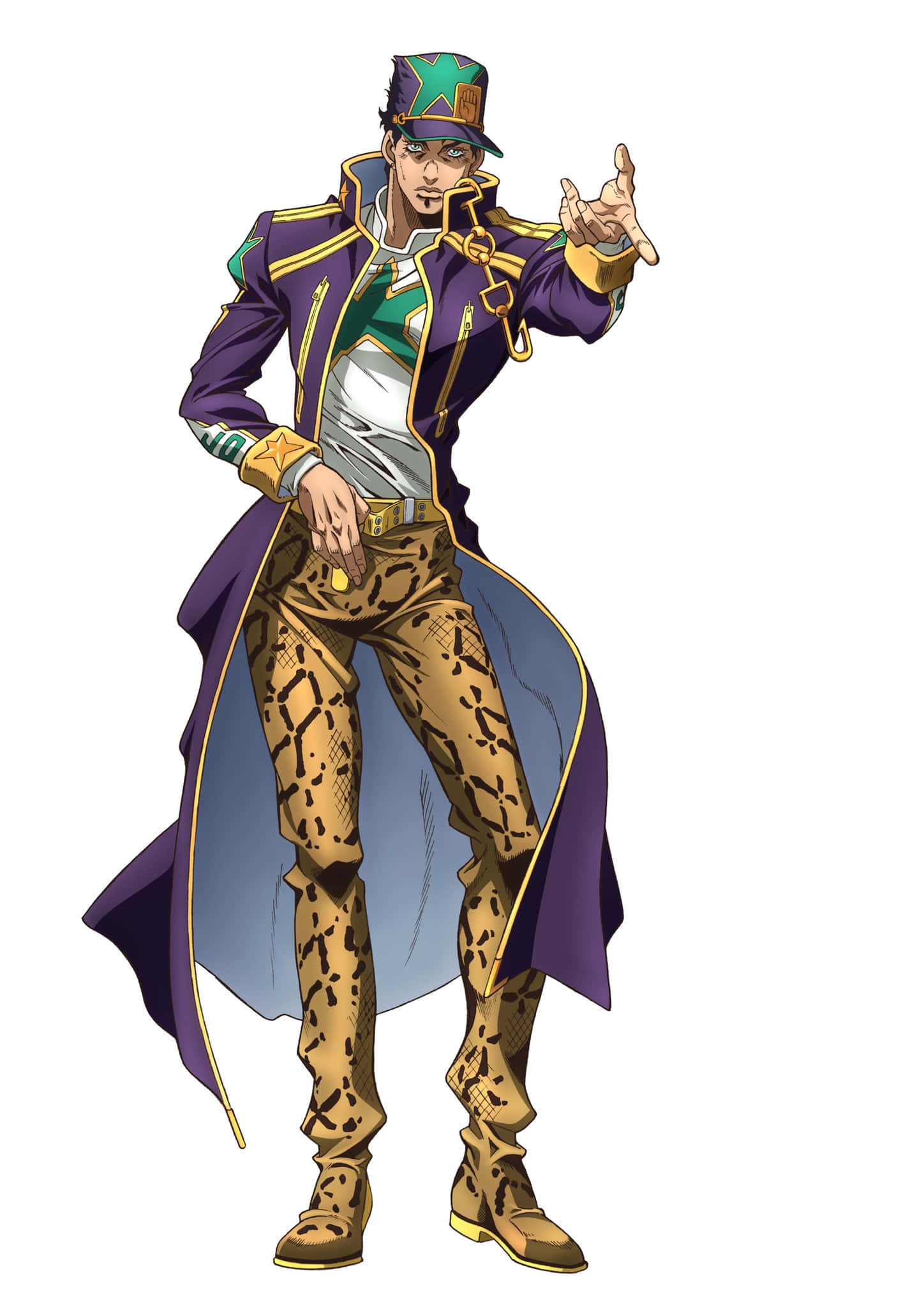 Jotaro 桌布 壁紙 — 一個自信的動漫角色，身穿紫色外套和豹紋褲，在純白背景前擺出動態姿勢。