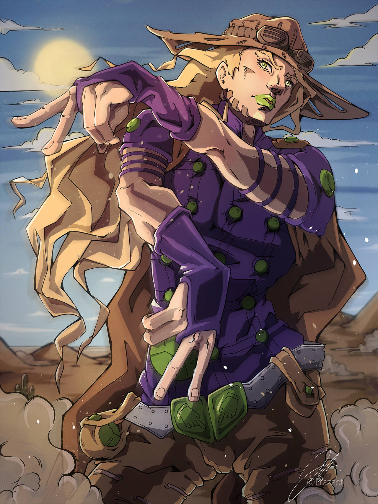 Gyro Zeppeli 桌布 壁紙 — 一個自信的動漫角色，身穿紫色服裝和寬邊帽，在沙漠背景下以發光的太陽擺出動態姿勢。
