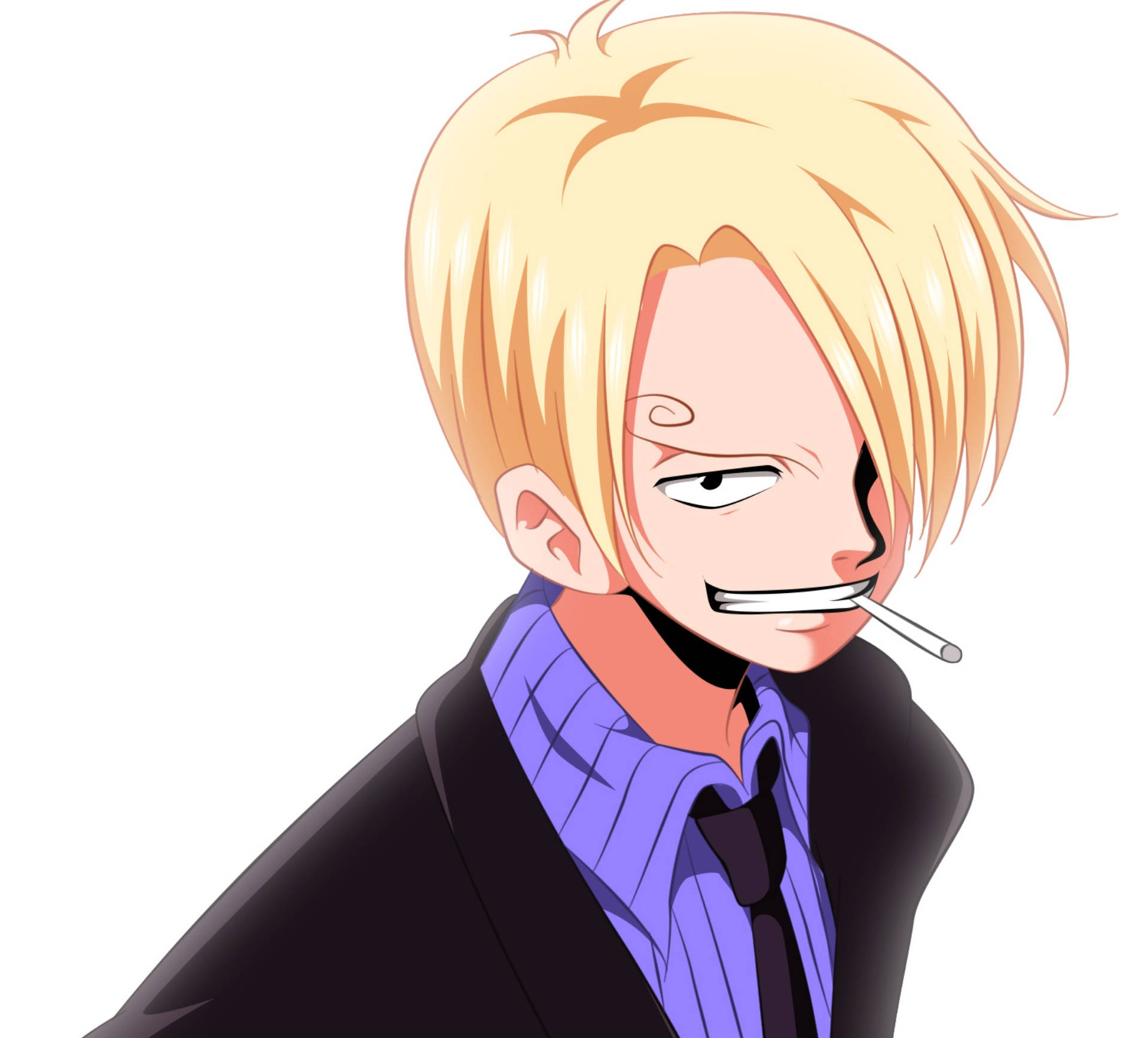 Sanji 桌布 壁紙 — 一個自信的動漫角色，金髮，嘴裡叼著香煙，穿著紫色襯衫和黑色外套，背景是純白色。