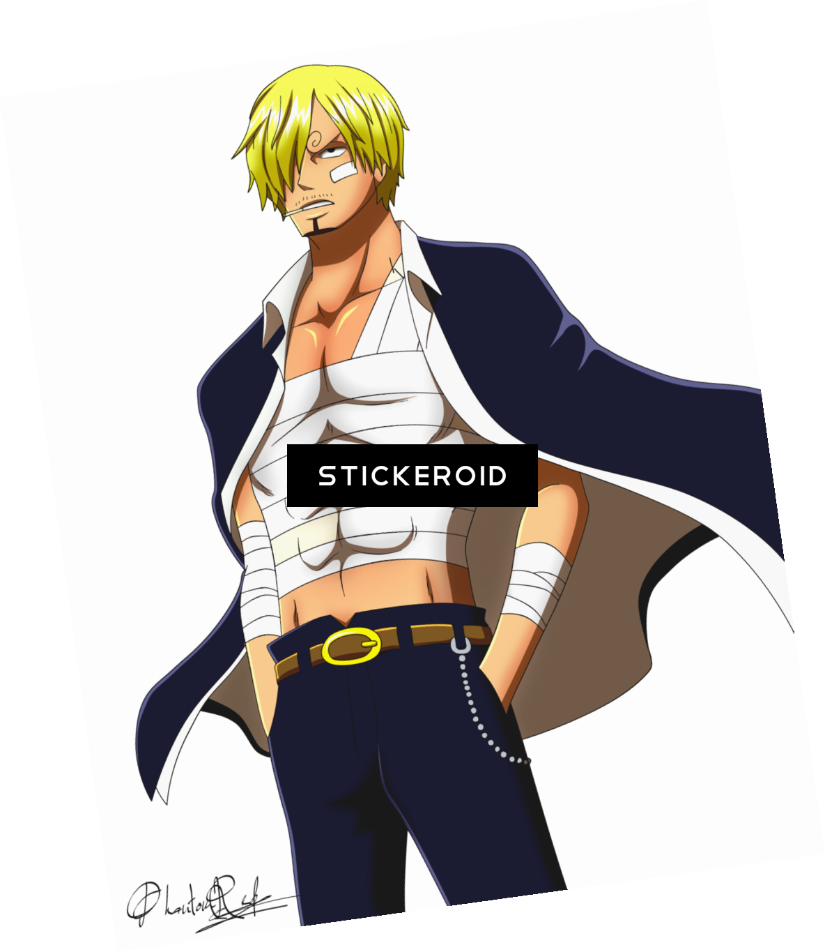 Sanji 桌布 壁紙 — 一個自信的動漫角色，金髮，纏著繃帶的軀幹，站在黑色背景前，穿著海軍藍外套和褲子。