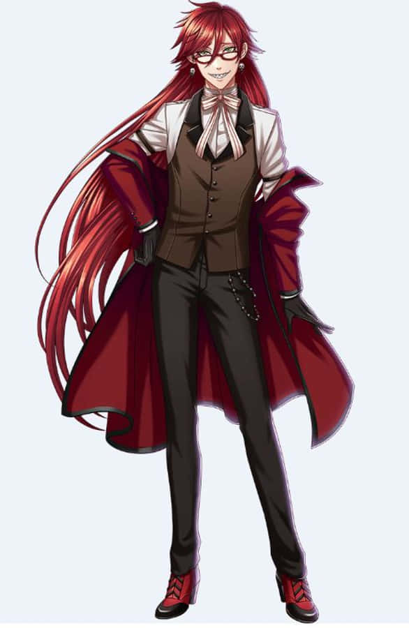 Grell Sutcliff 桌布 壁紙 — 一個自信的動漫角色，長長的紅頭髮和眼鏡，穿著紅色外套，裡面是棕色背心和黑色褲子。