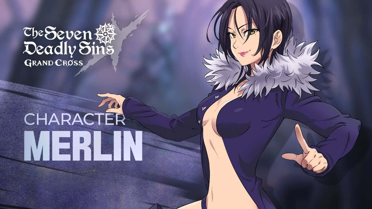 Seven Deadly Sins Merlin 桌布 壁紙 — 一個自信的動漫角色梅林穿著紫色毛邊外套，在黑暗神秘背景前擺姿勢，帶有遊戲標題文字。