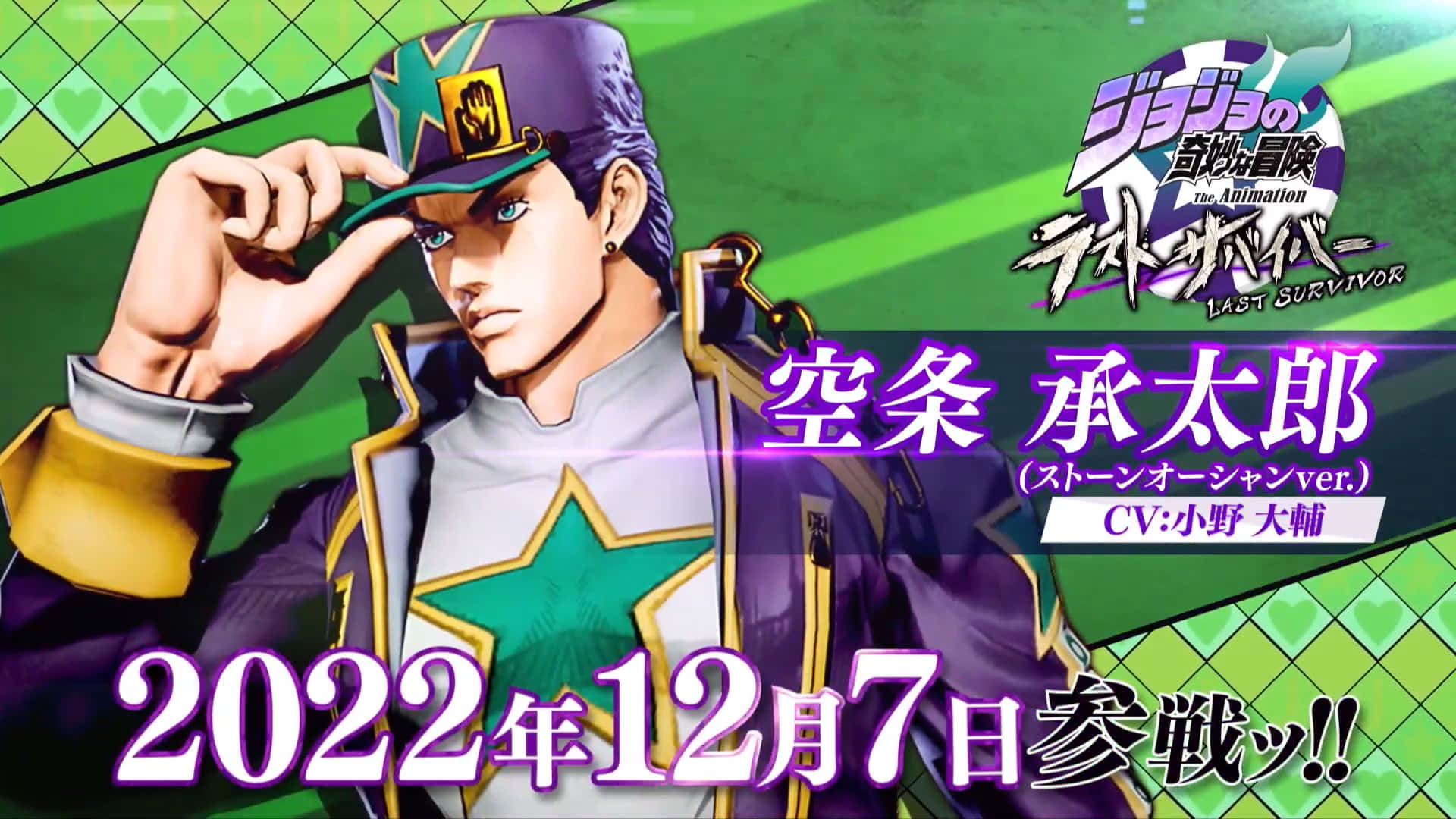Jotaro 桌布 壁紙 — 一個自信的動漫角色穿著紫色星星裝飾的服裝，在充滿活力的綠色格紋背景前調整他的帽子。