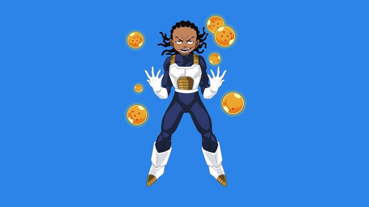 Lil Tjay 桌布 壁紙 — 一個自信的動漫角色穿著藍白西裝，漂浮在純藍色背景上，被發光的龍珠包圍。