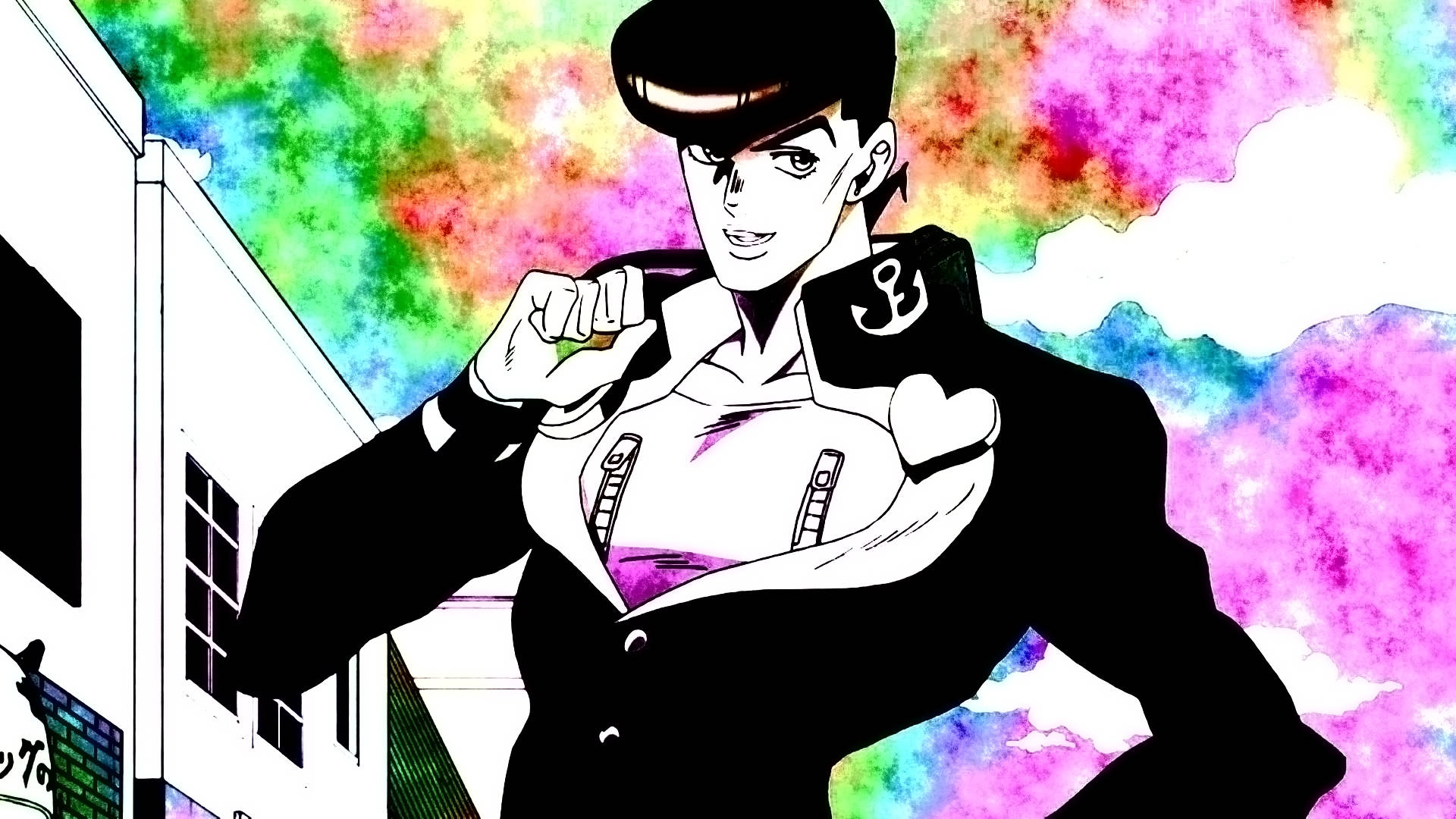 Josuke 桌布 壁紙 — 一個自信的動漫角色穿著黑色西裝，在充滿活力的水彩天空和建築物背景下擺姿勢。