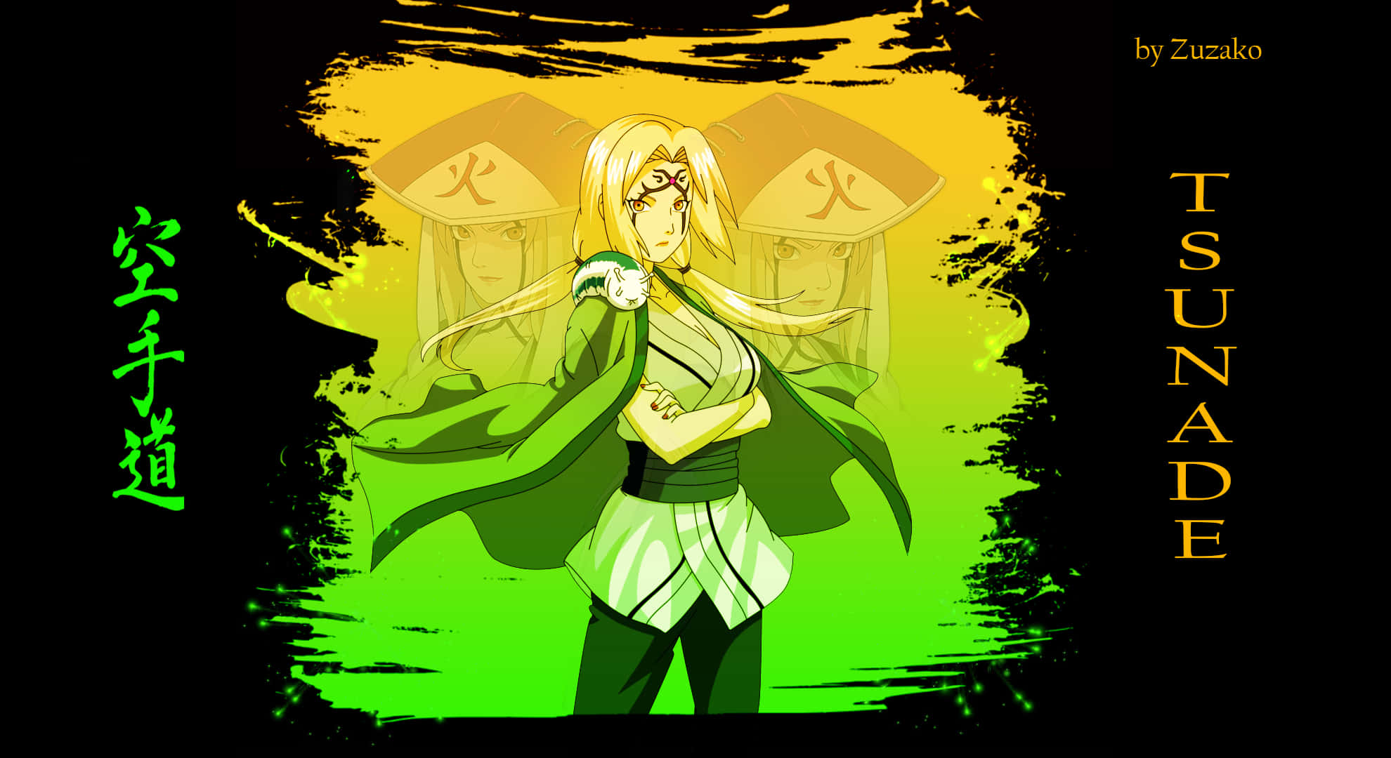 Tsunade iPhone 桌布 壁紙 — 一個自信的動漫角色綱手站在綠色和黃色的漸變中，身後有火熱的漢字和陰影複製體。