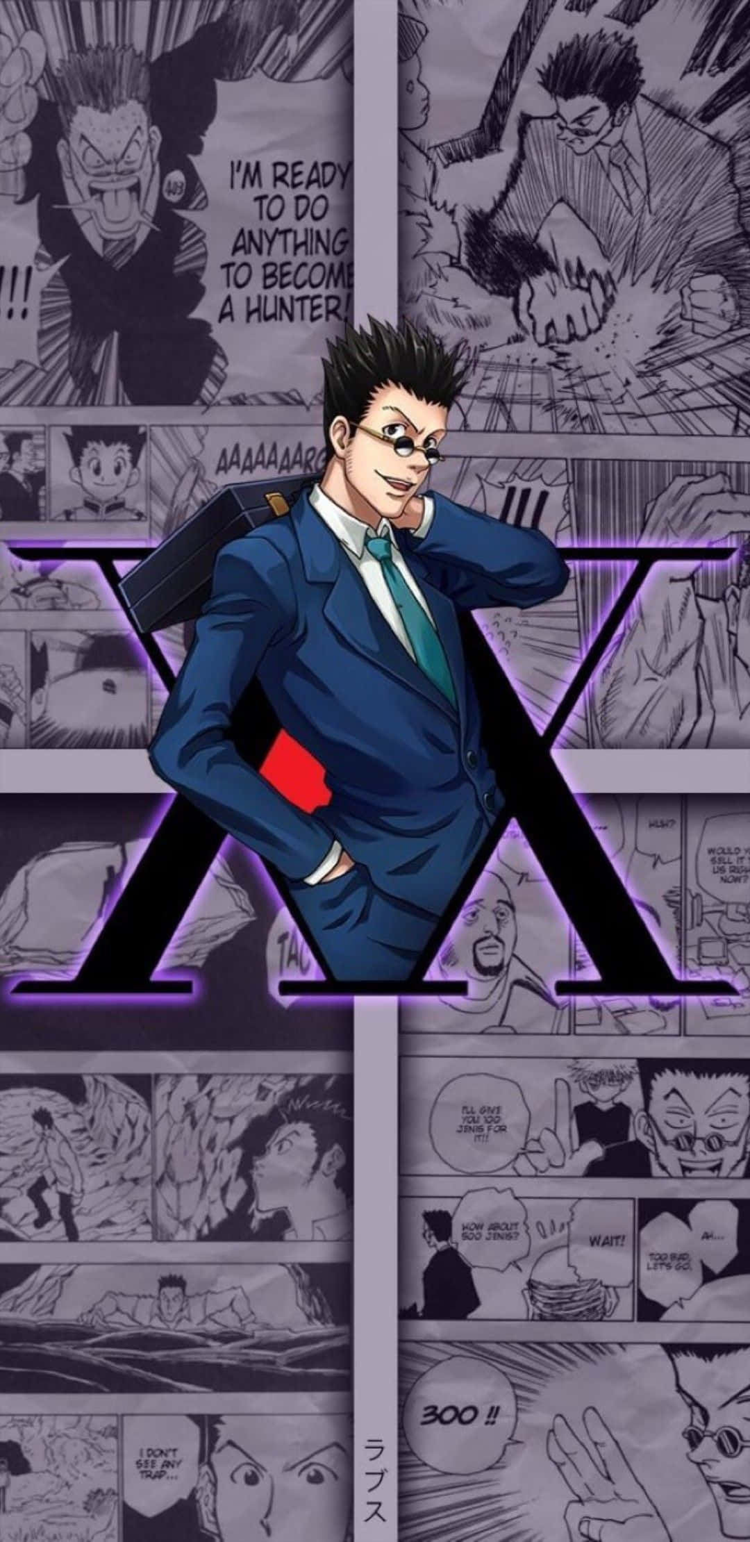 Leorio Paradinight 桌布 壁紙 — 一個自信的動漫角色身穿藍色西裝，站在一個帶有發光紫色X的漫畫面板拼貼畫前。