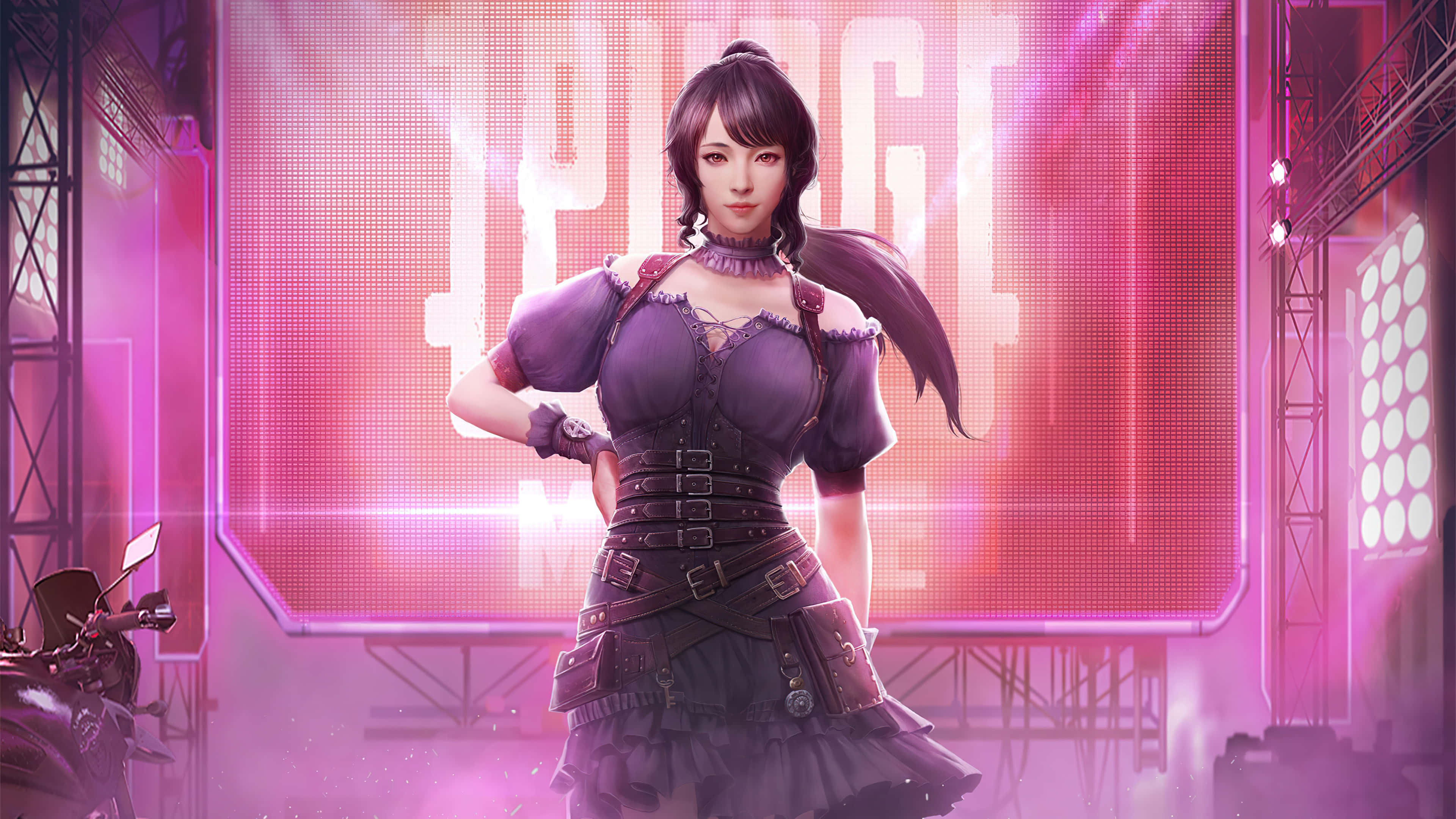 character design 桌布 壁紙 — 一個自信的動漫風格女性穿著束身衣裝束，站在發光的粉紅色LED舞台前，附近有一輛摩托車。