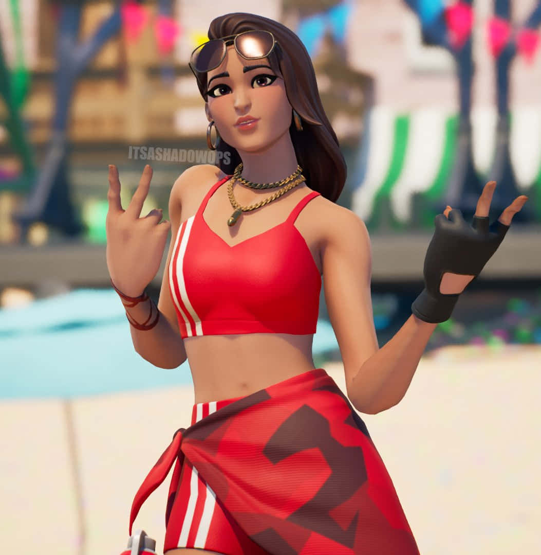 Ruby Fortnite Skin 桌布 壁紙 — 一個自信的動畫女性穿著紅色運動服和太陽眼鏡，雙手做出搖滾手勢擺姿勢。