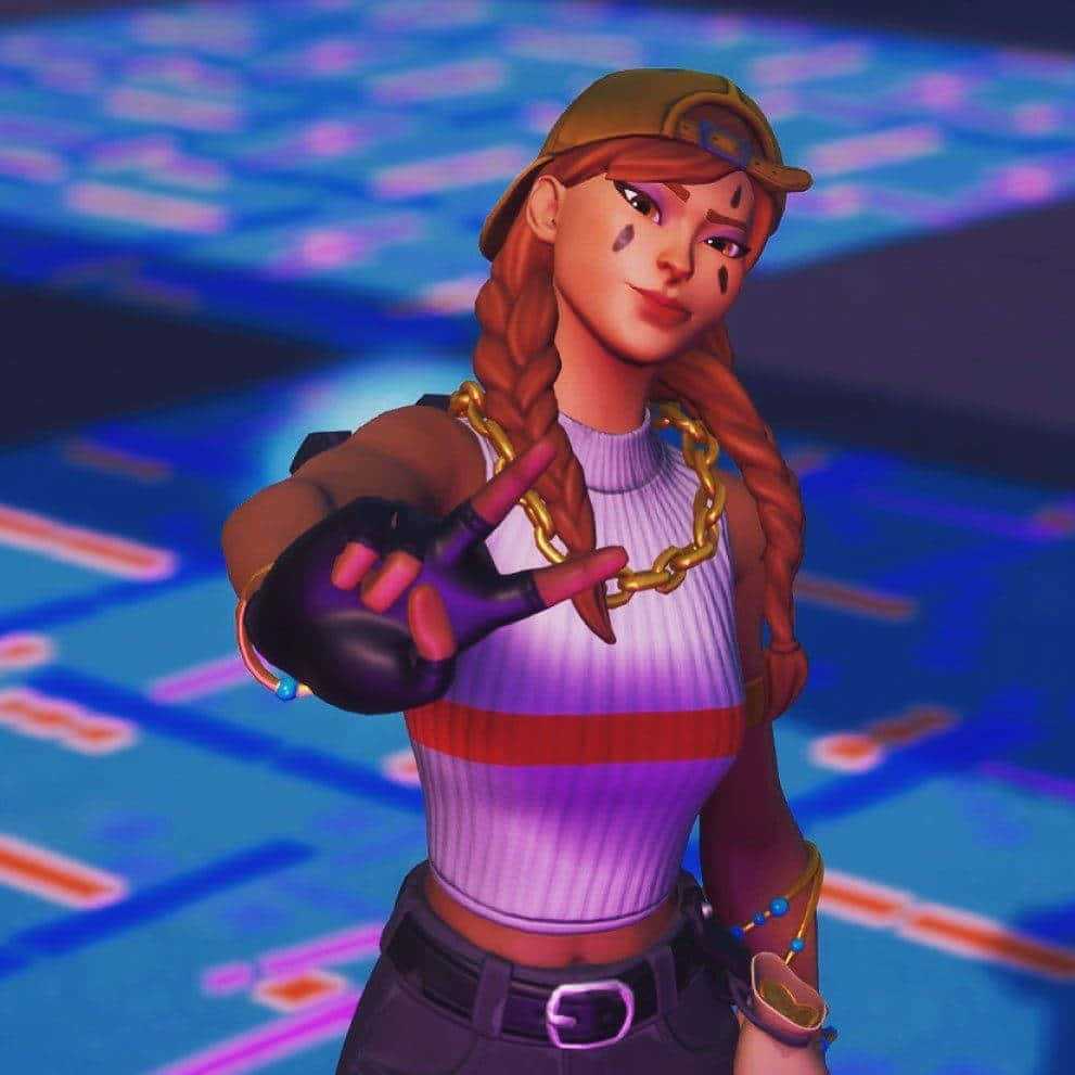 Fortnite 桌布 壁紙 — 一個自信的動畫女性角色，辮子頭髮和金鏈，在霓虹燈照亮的數位環境中擺姿勢。