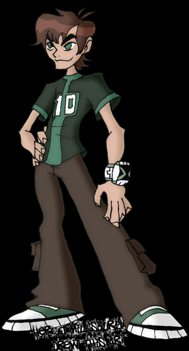 Ben 10 桌布 壁紙 — 一個自信的動畫男孩，身穿綠色球衣，號碼10，站在黑色背景前，佩戴一個獨特的手腕裝置。