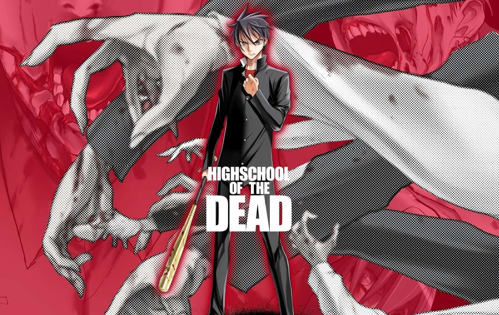 Highschool Of The Dead 桌布 壁紙 — 一個自信的動畫男孩穿著黑色西裝，挑釁地站立，而殭屍手從紅黑半色調背景中伸出。