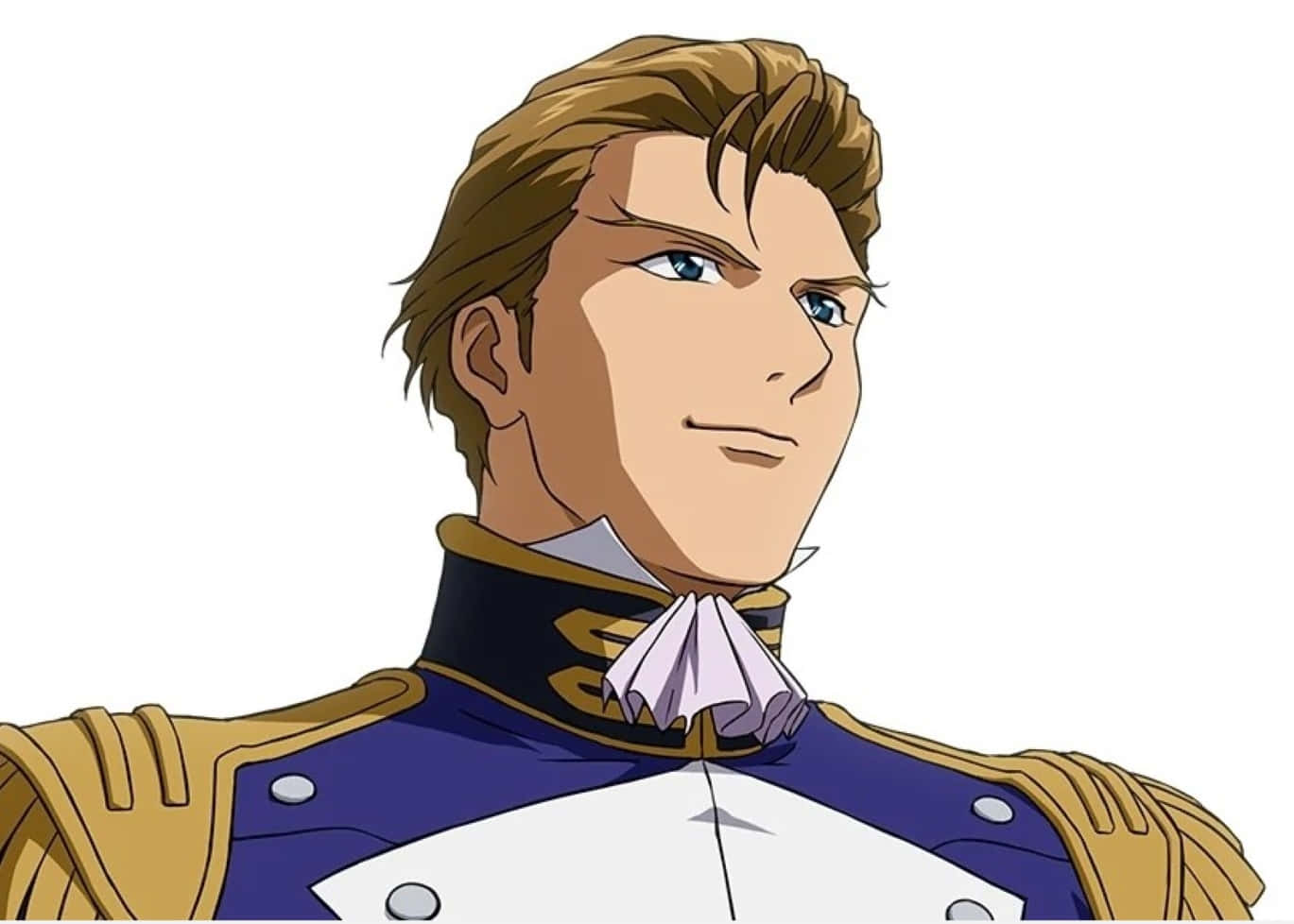 treize khushrenada 桌布 壁紙 — 一個自信的動畫男性角色，穿著細節豐富的藍色和金色軍裝，搭配白色領巾，背景為純白色。