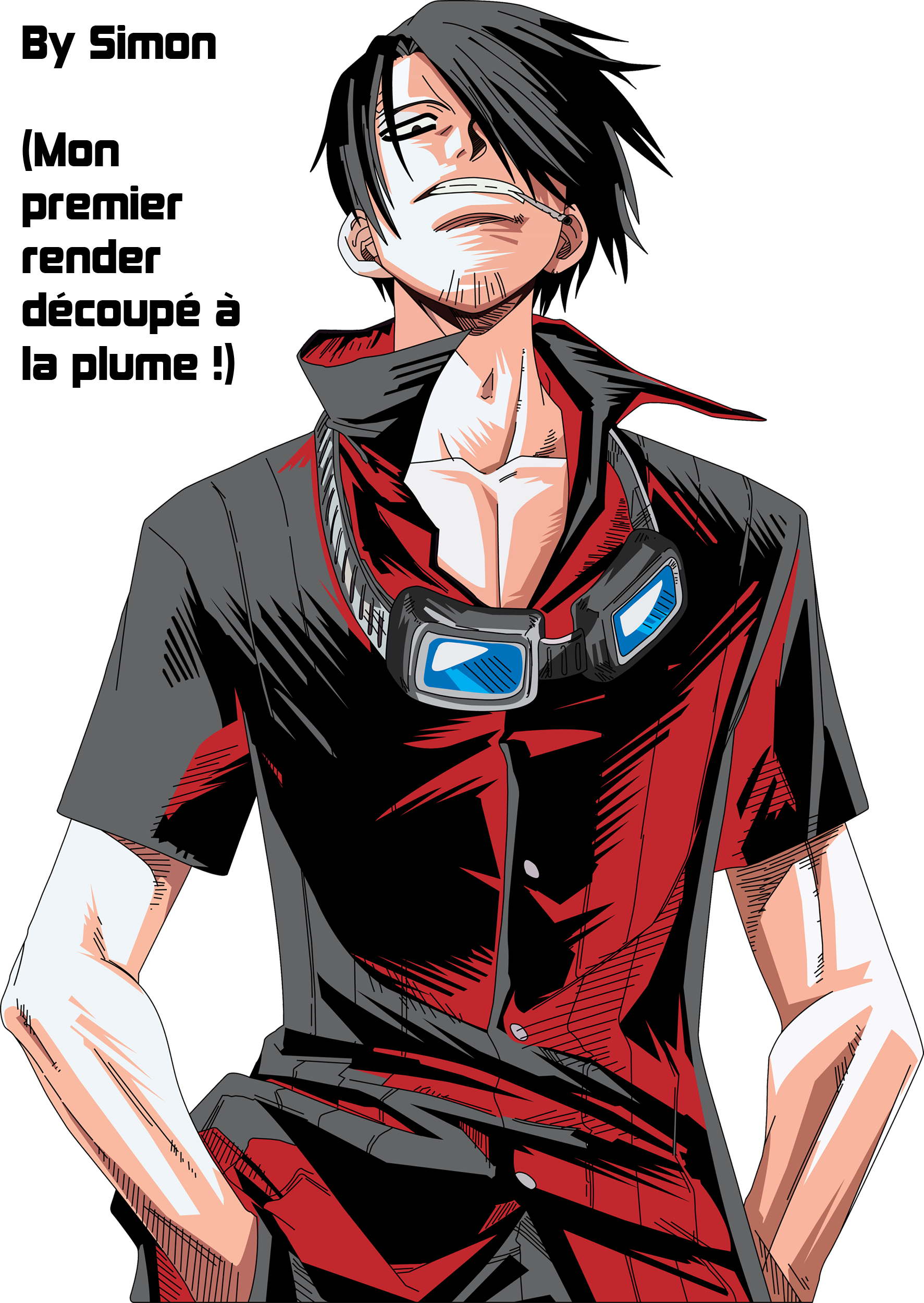 Sanji 桌布 壁紙 — 一個自信的動畫男性角色，黑髮藍色護目鏡，穿著紅黑服裝微笑。
